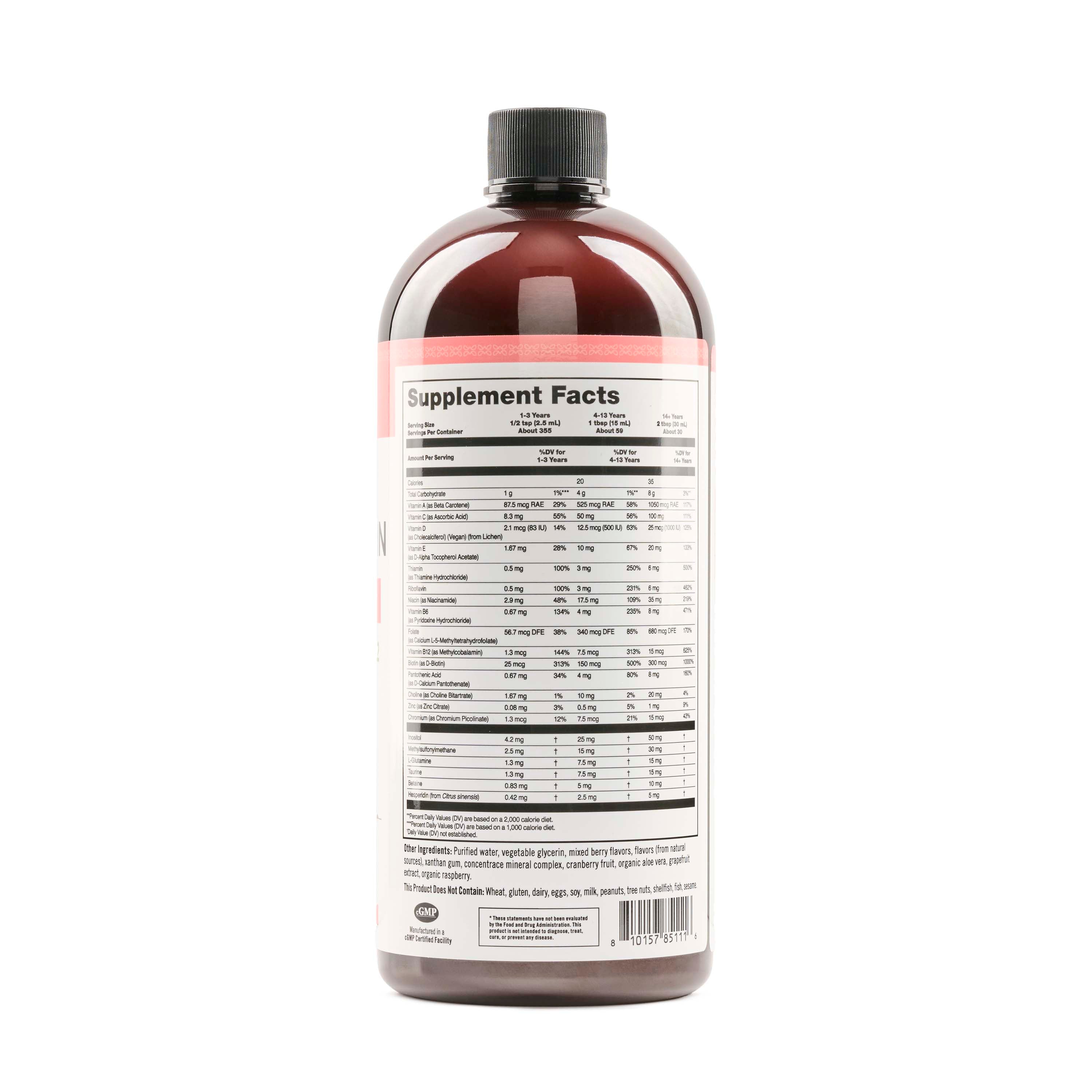 NatureWise liquid multivitamin back of bottle showing supplement facts label.