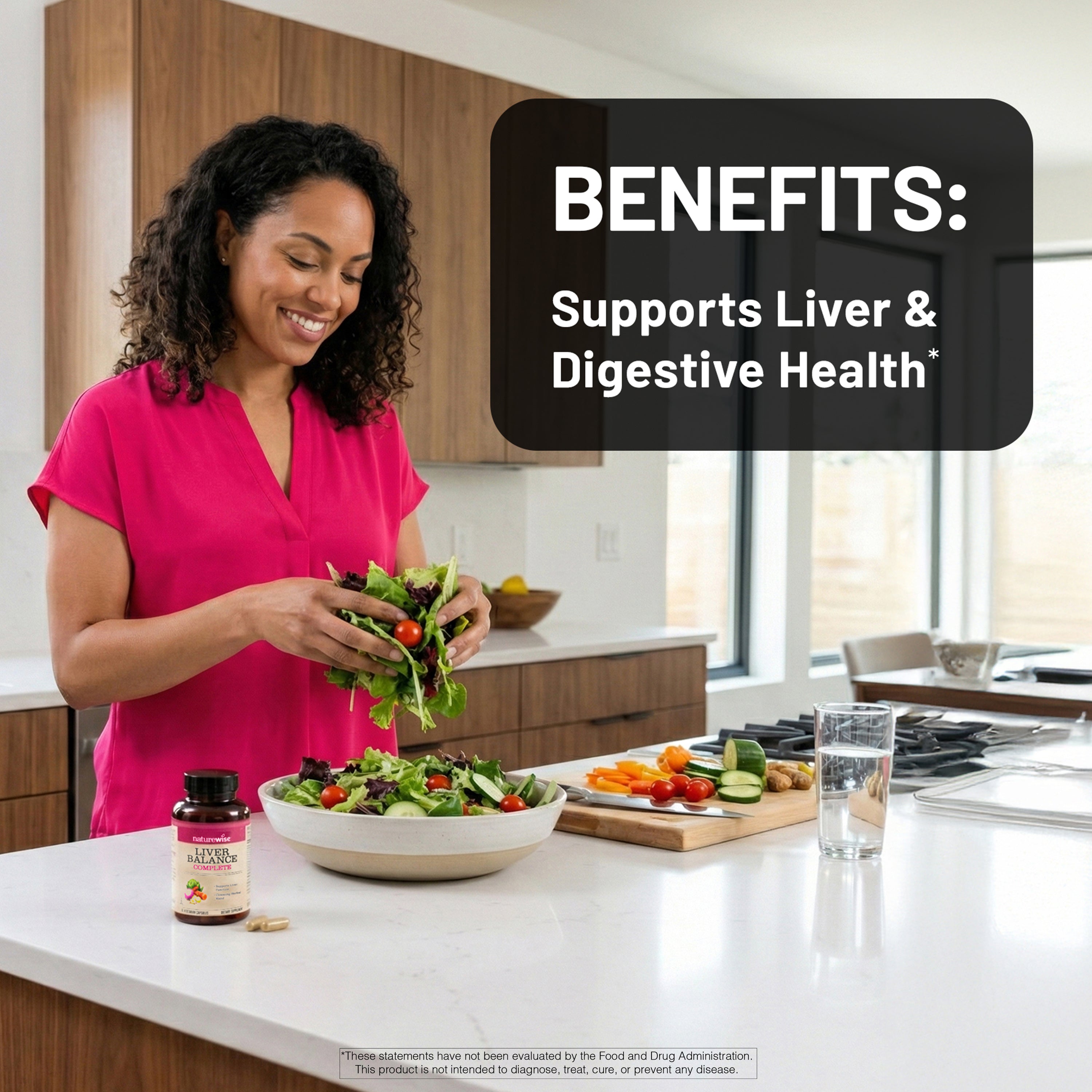 Woman preparing a salad with a bottle of Liver Balance supplements on a kitchen counter, text about benefits displayed.