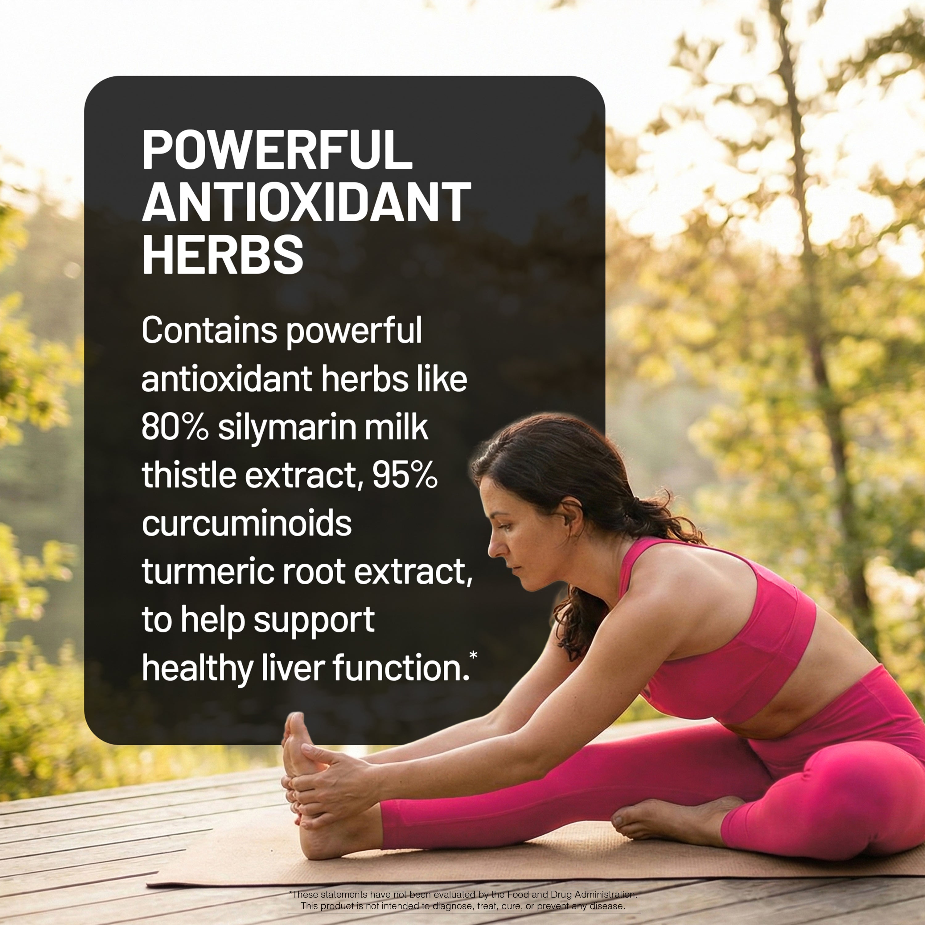 Woman in pink athletic wear stretching outdoors with text about antioxidant herbs.