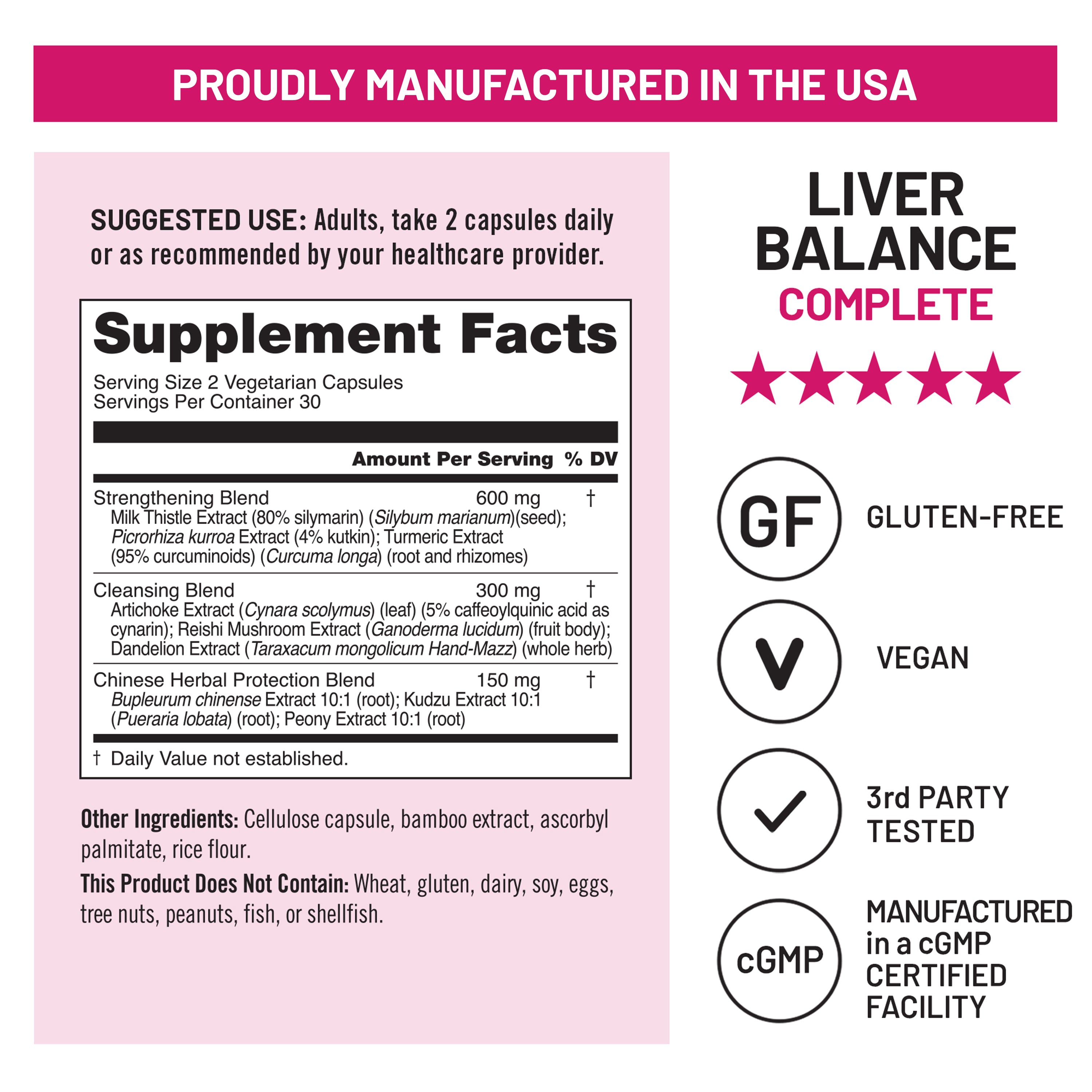 Supplement label for 'Liver Balance Complete' with supplement facts and product details on a pink background.