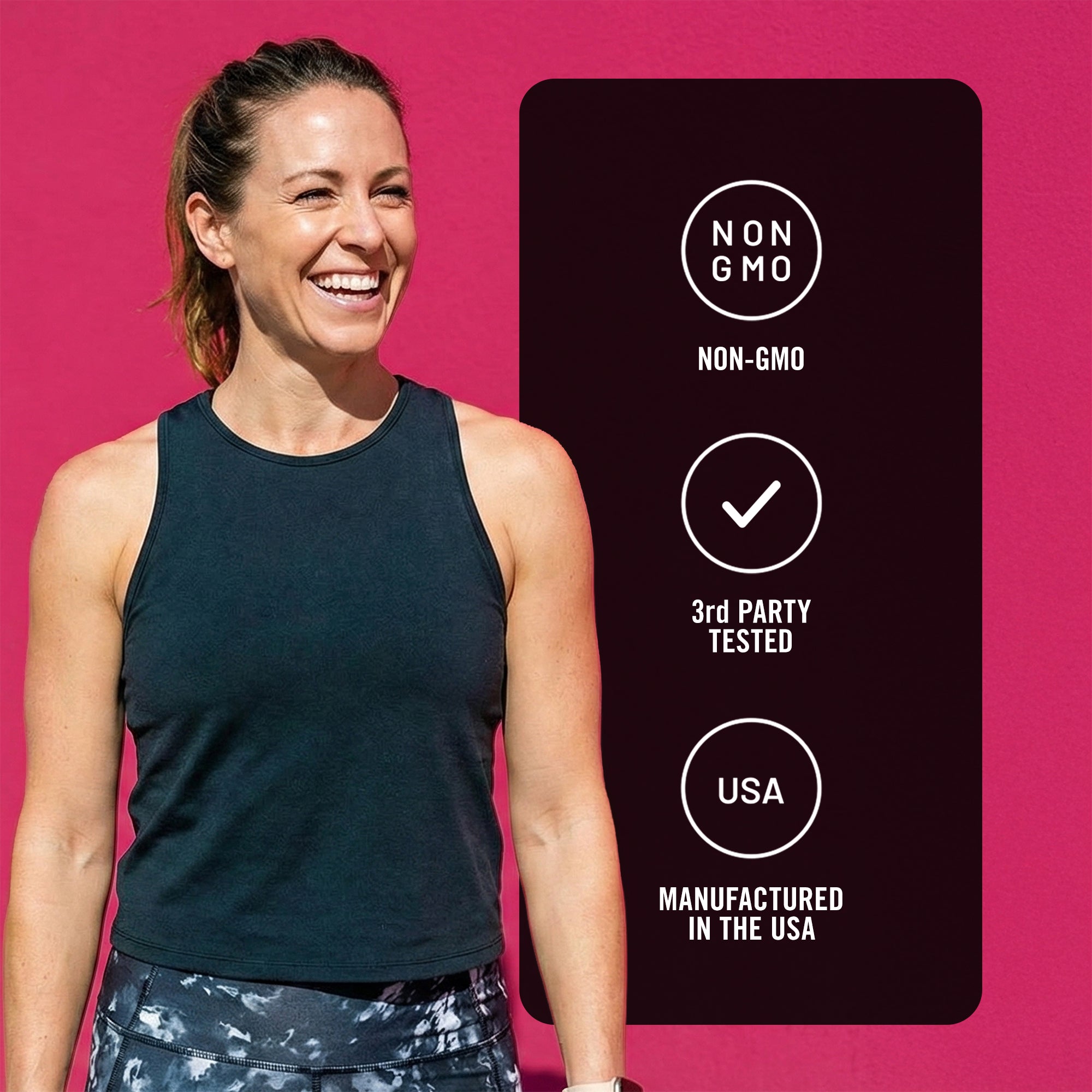 Woman in athletic wear with a label indicating non-GMO, third-party tested, and manufactured in the USA on a pink background.