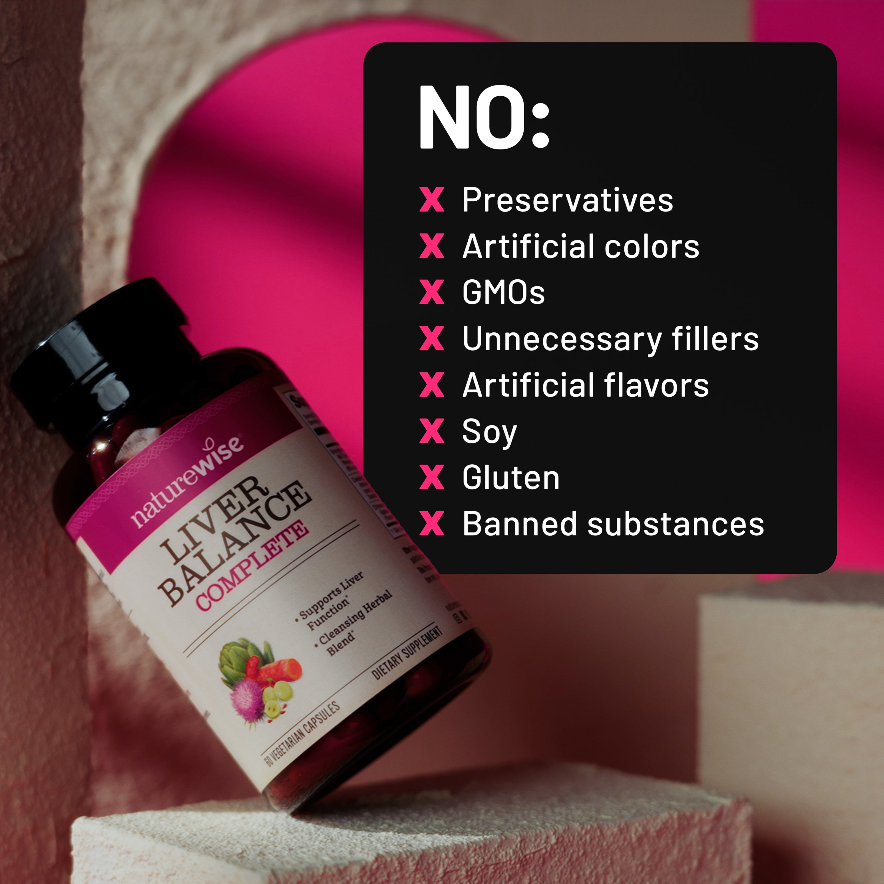 NatureWise Liver Balance Complete supplement bottle with a list of 'No' items on a pink and beige background