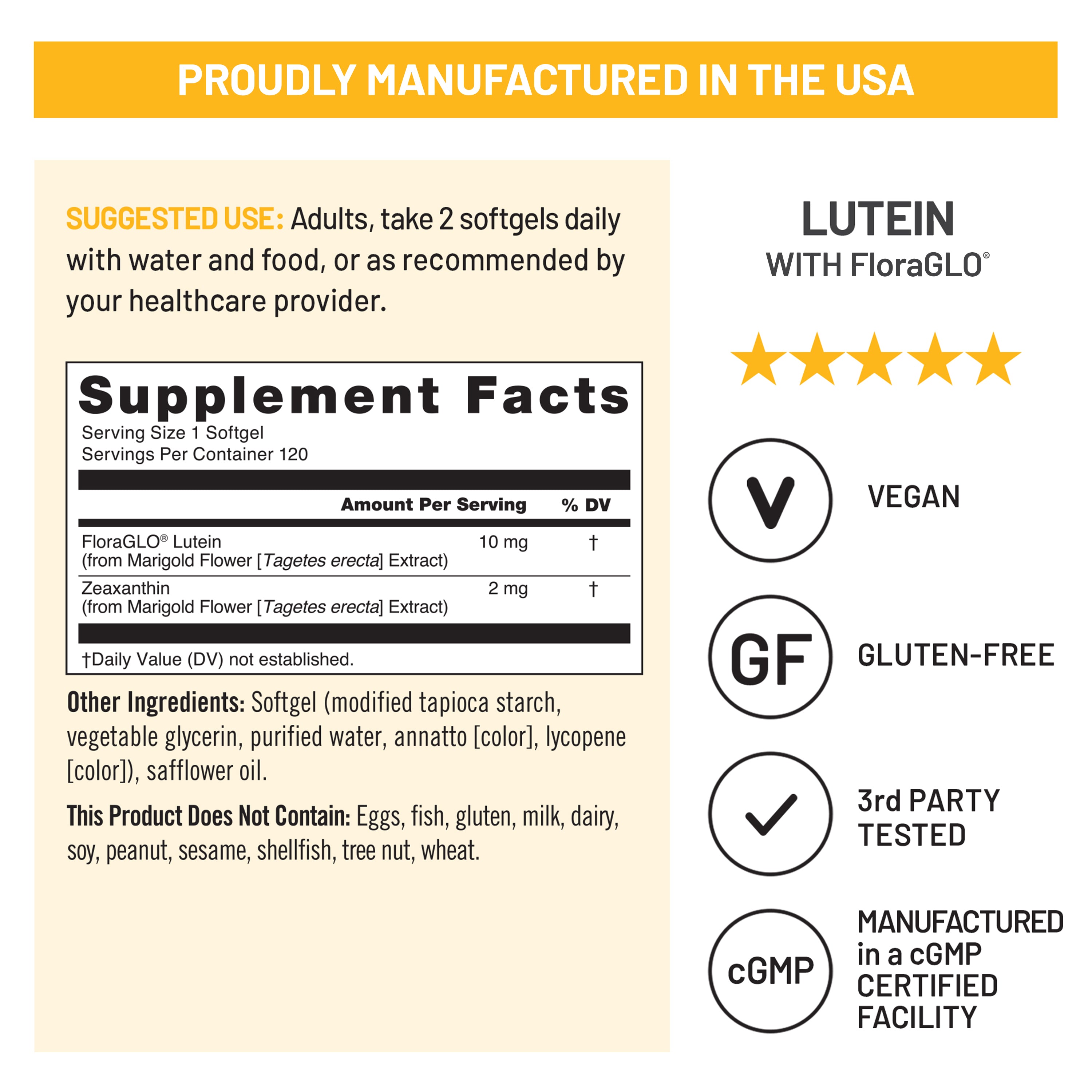 Product information card for NatureWise FloraGlo Lutein softgels, showing the Supplement Facts label, suggested use instructions, a row of five stars, and badges indicating vegan, gluten-free, third party tested, and cGMP certified manufacturing.