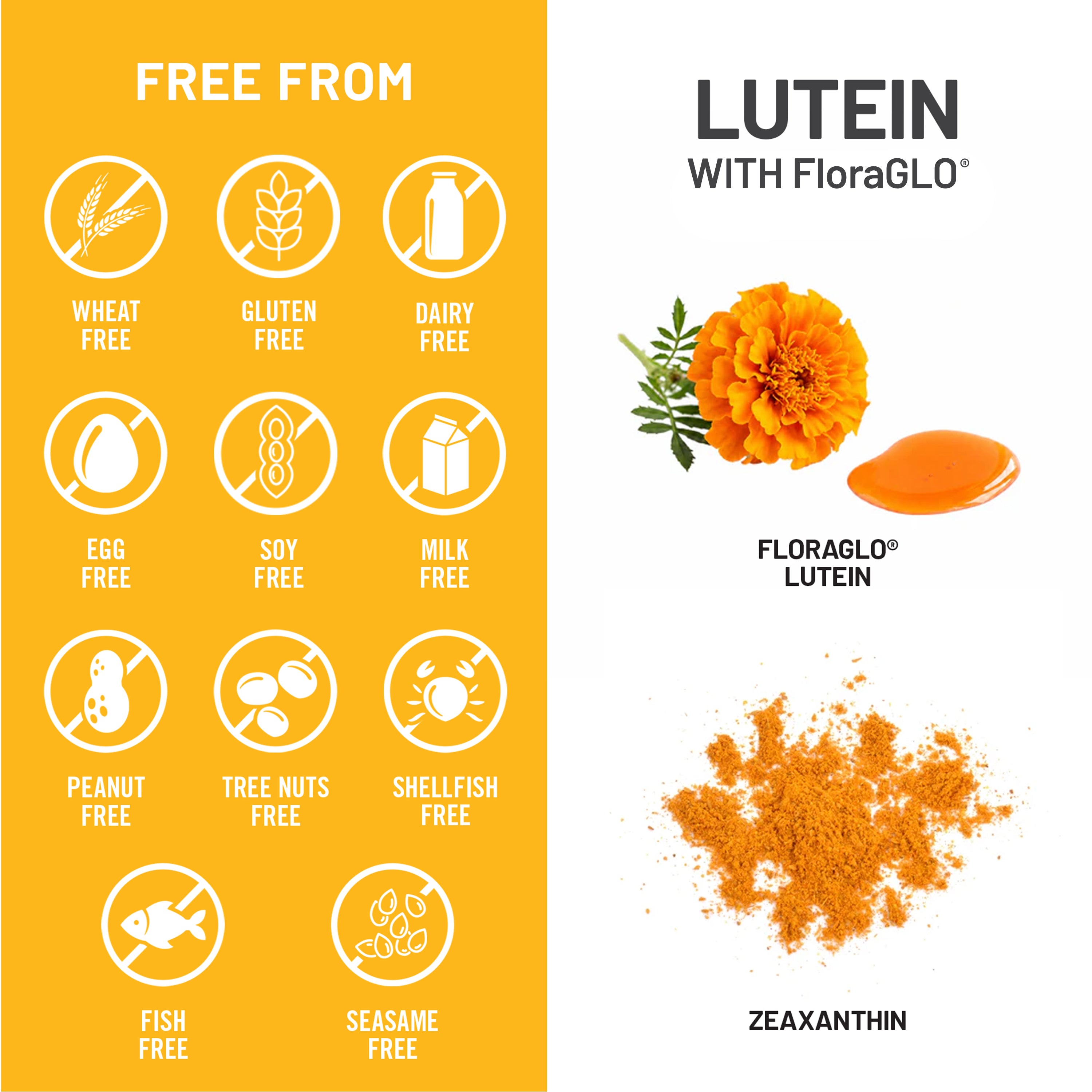 Informational graphic for NatureWise FloraGLO Lutein with zeaxanthin, showing a yellow left panel with icons for free-from claims (wheat, gluten, dairy, egg, soy, milk, peanut, tree nuts, shellfish, fish, sesame) and a white right panel with a marigold flower, a droplet of orange lutein, a pile of orange powder, and the text 'LUTEIN WITH FloraGLO', 'FLORAGLO LUTEIN', and 'ZEAXANTHIN'.