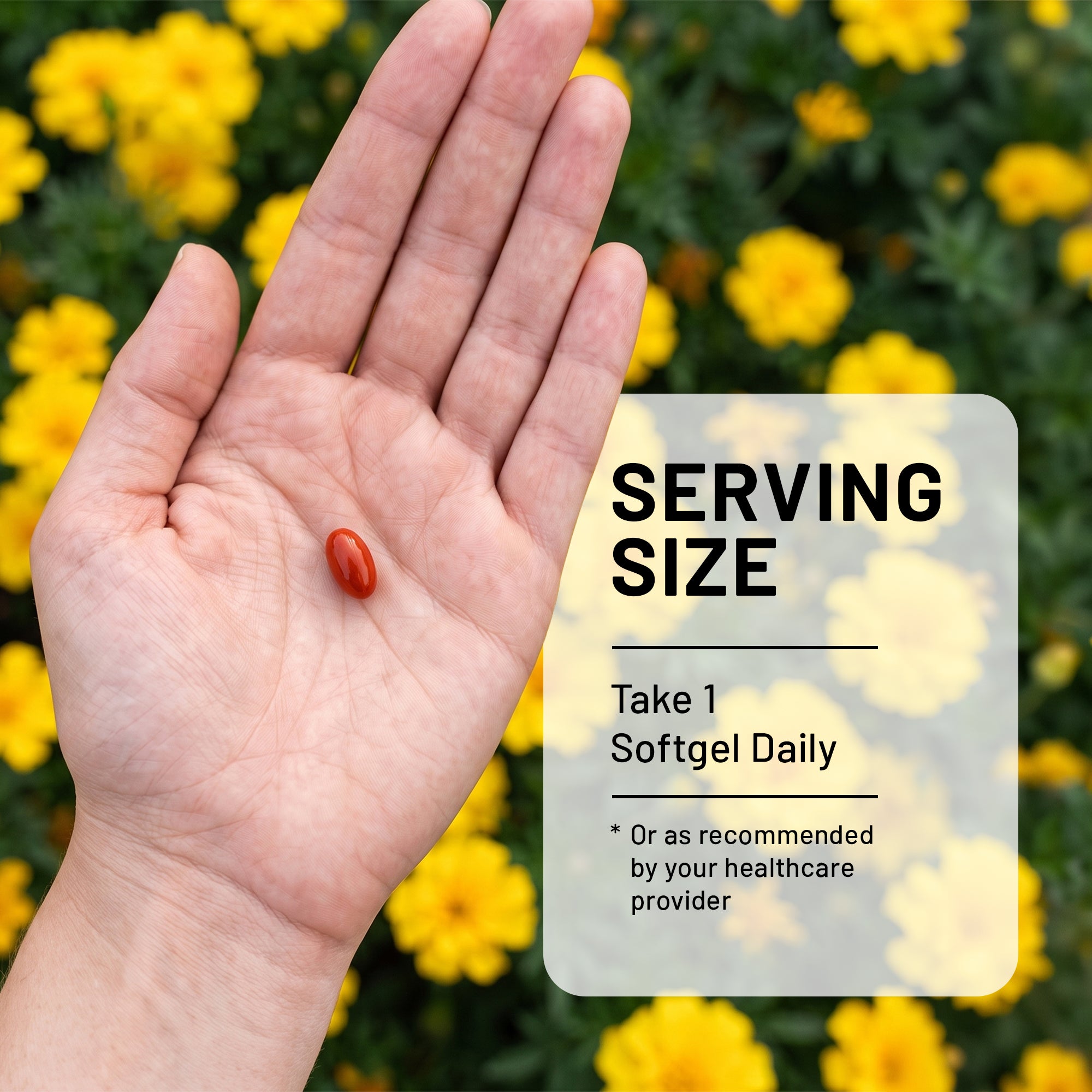 A close-up of a human hand holding a small orange-red Lutein softgel capsule, with a blurred background of yellow flowers. A semi-transparent text box on the right reads 'SERVING SIZE' and 'Take 1 Softgel Daily'.