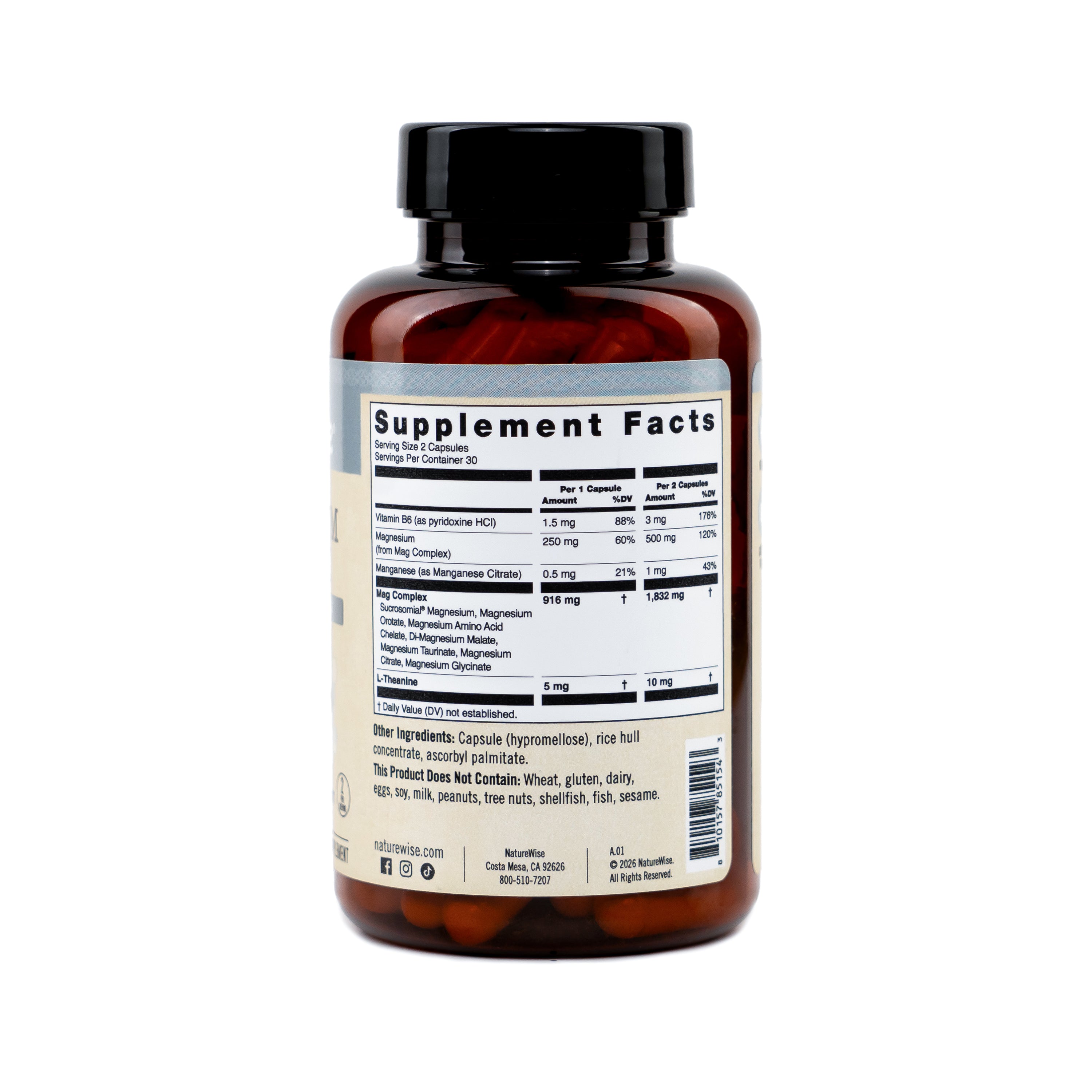 NatureWise Magnesium Complex with 7 active magnesium typess upplement bottle with a label showing 'Supplement Facts' on a white background