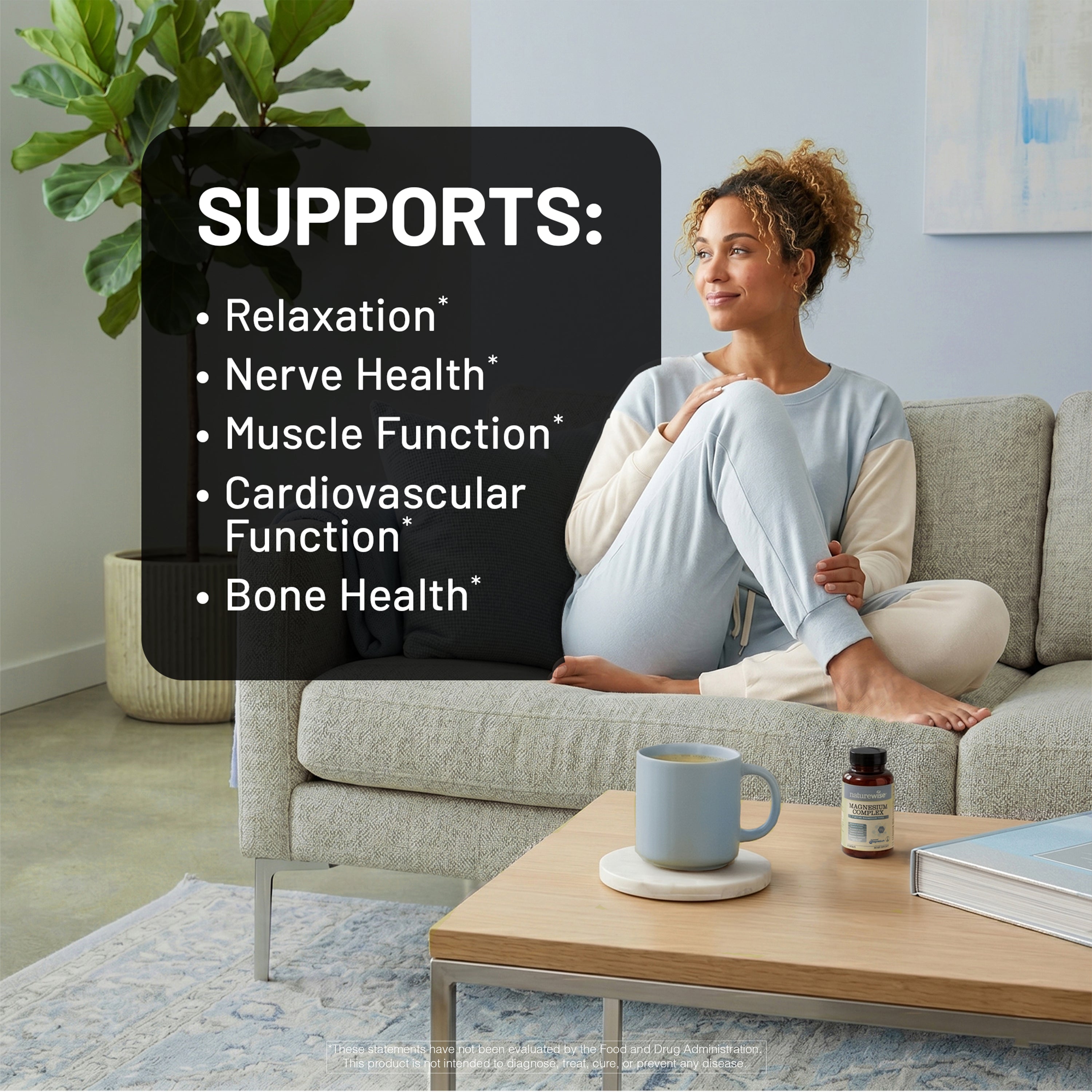 NatureWise Magnesium Complex with 7 active magnesium types supplement bottle on a table with woman in the background with text about health benefits.
