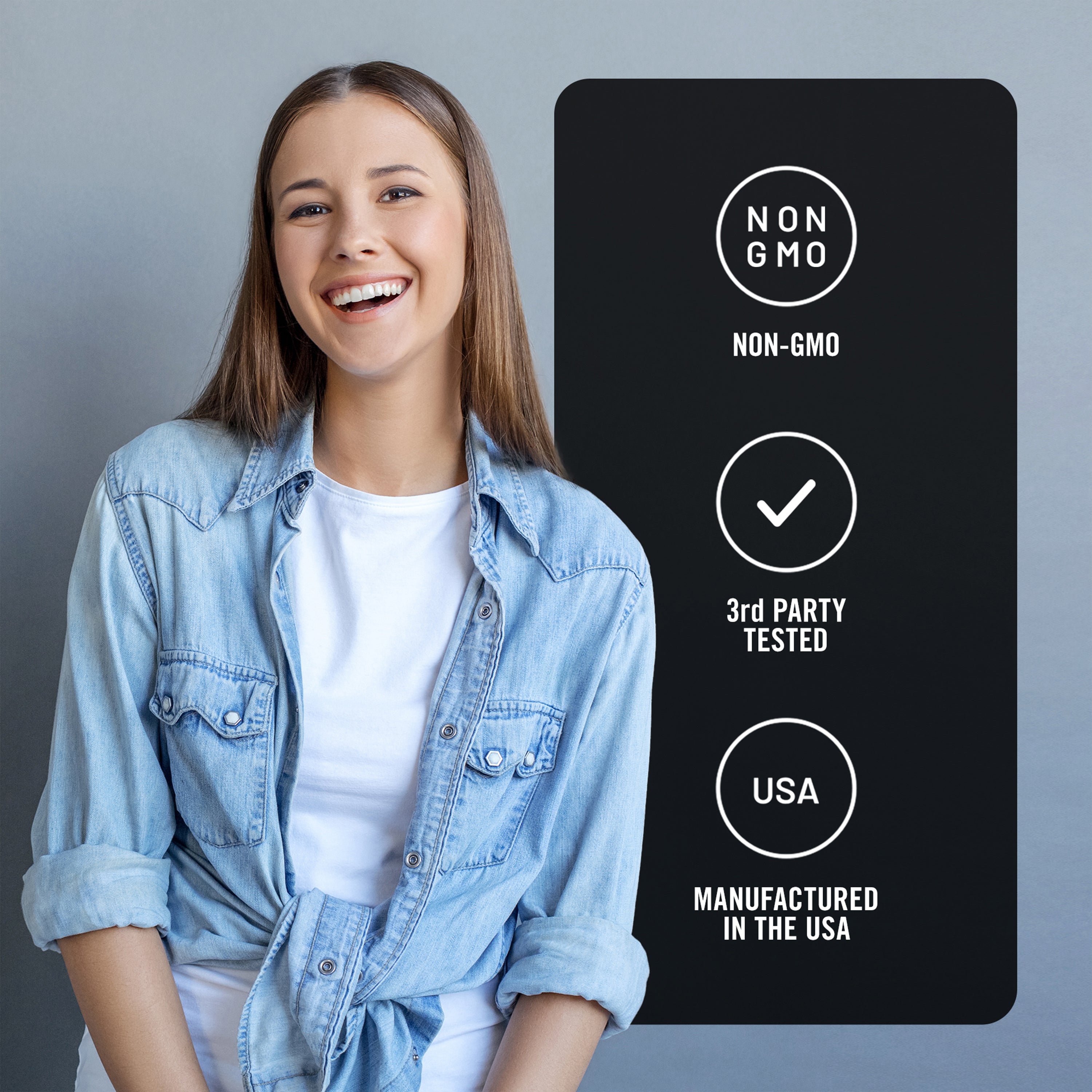 Woman standing next to a label with non-GMO, third-party tested, and USA manufactured information.