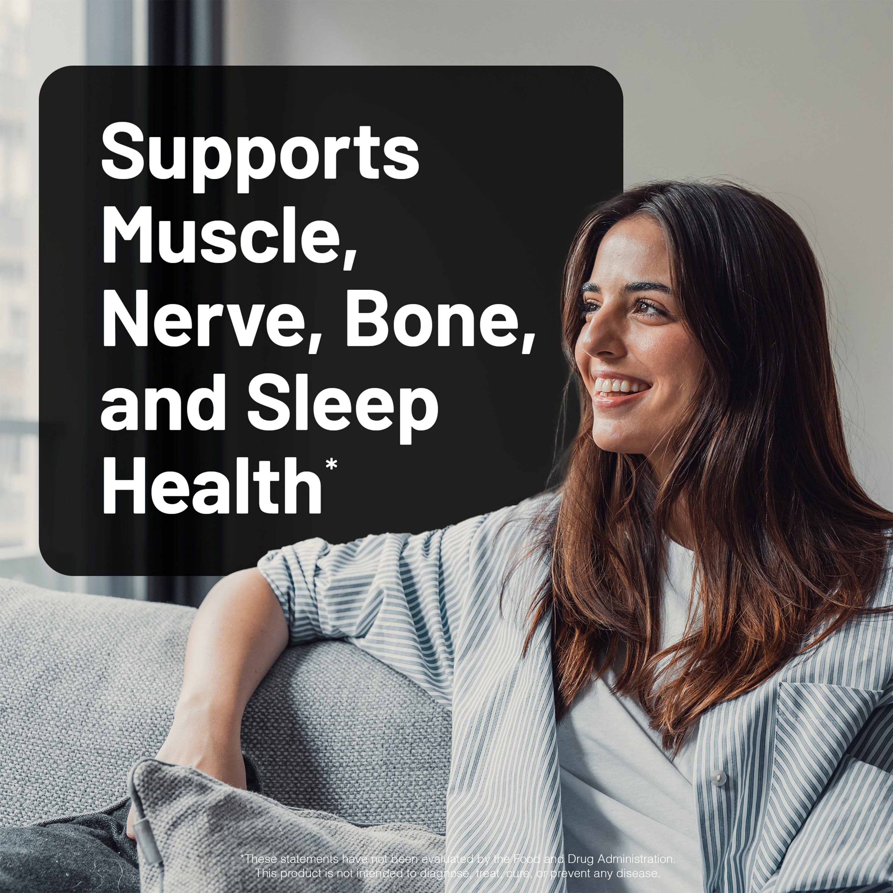 Woman sitting on a couch with text about muscle, nerve, bone, and sleep health.