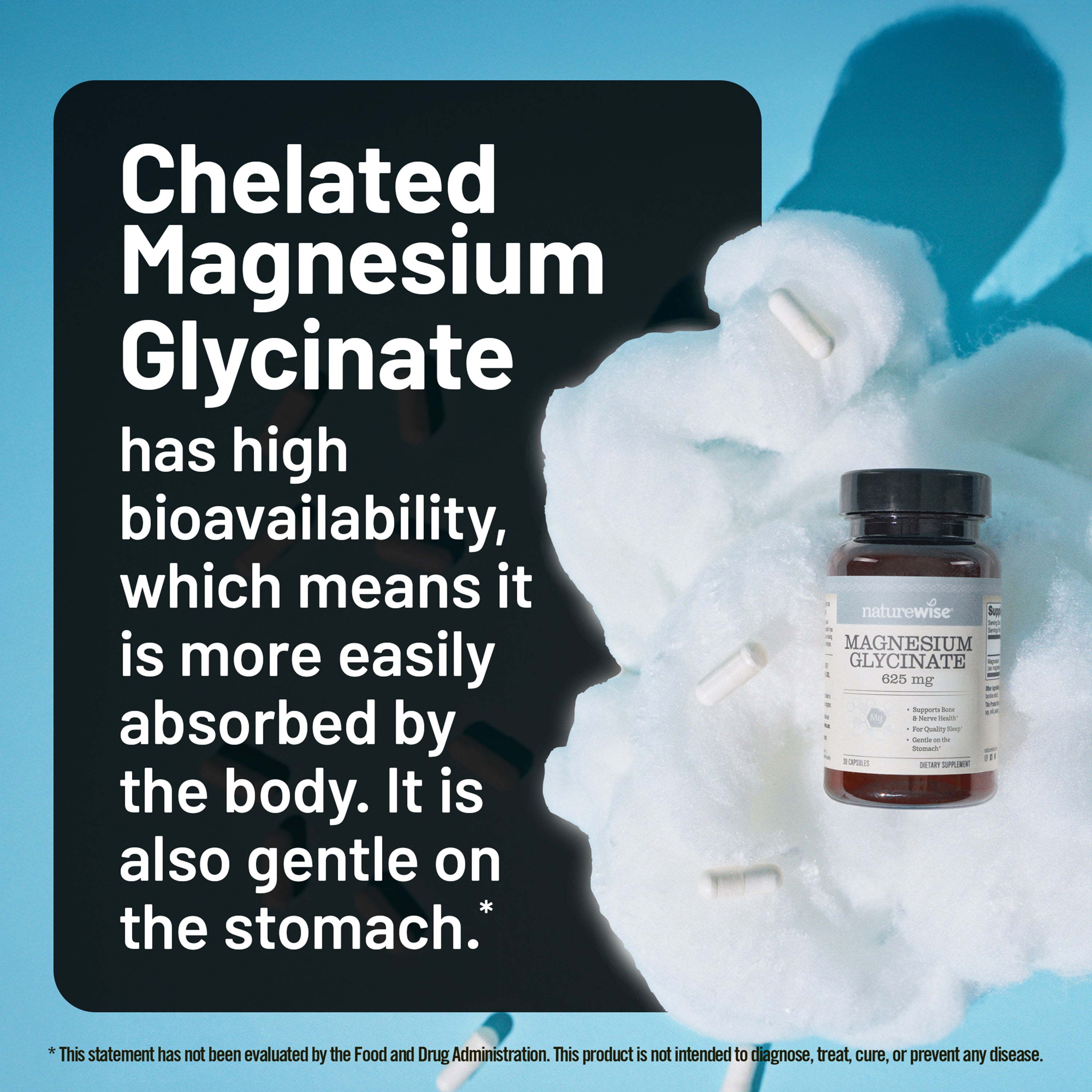 Bottle of magnesium glycinate with text about chelated magnesium glycinate on a blue background
