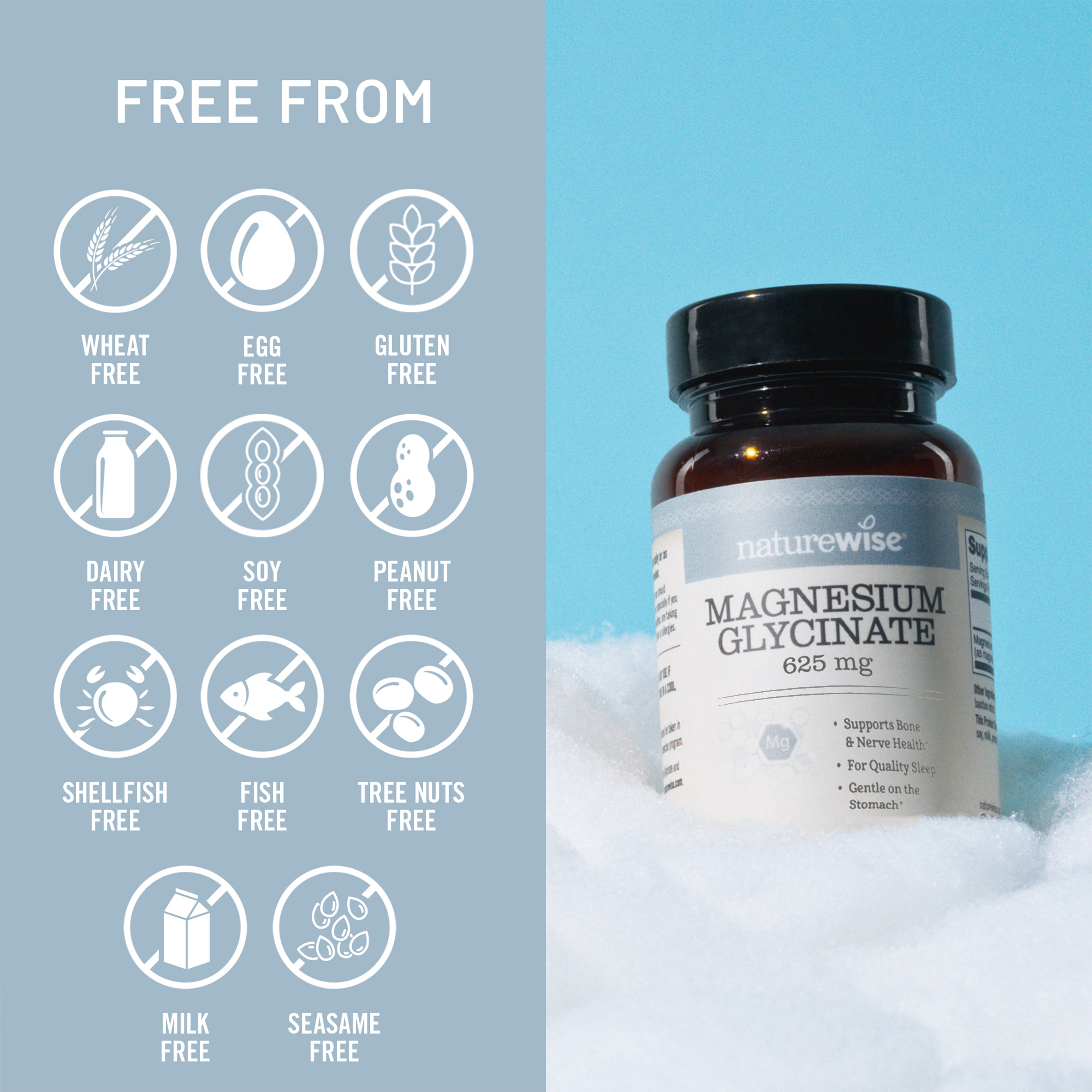 Naturewise magnesium glycinate supplement bottle with free-from icons on a blue background
