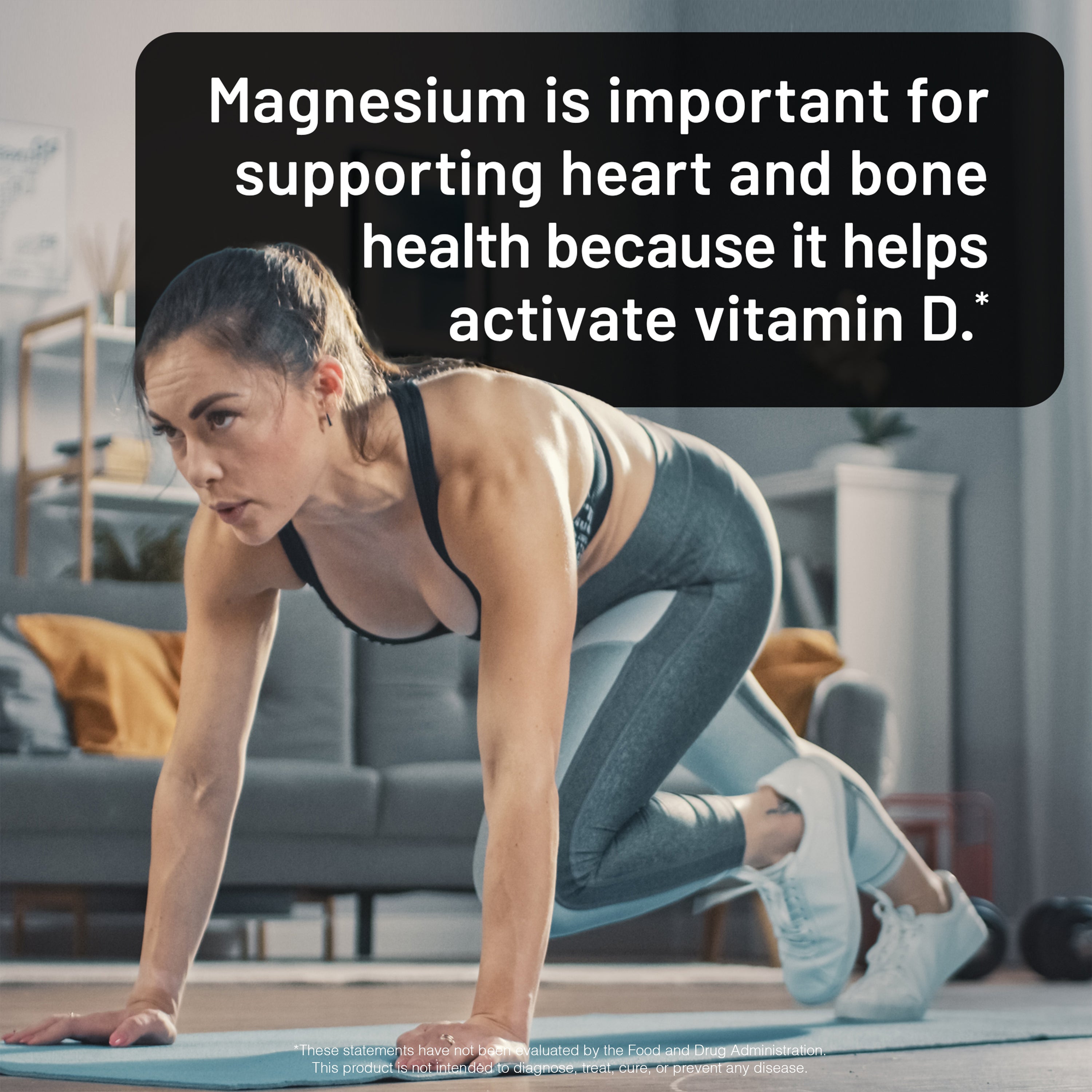 Woman exercising on a mat with text about magnesium glycinate and vitamin D.