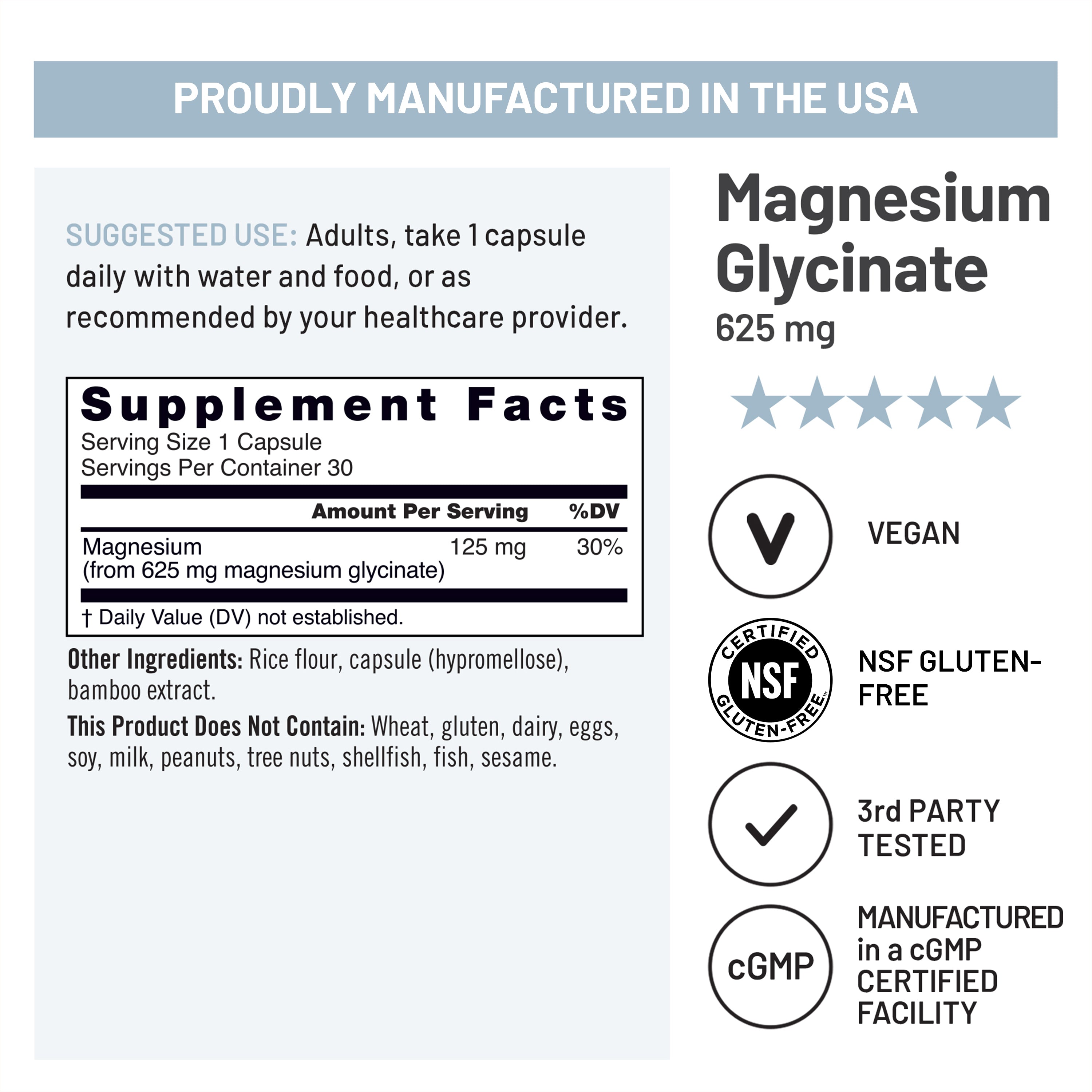 Supplement label for Magnesium Glycinate 625 mg with certification logos and manufacturing details.