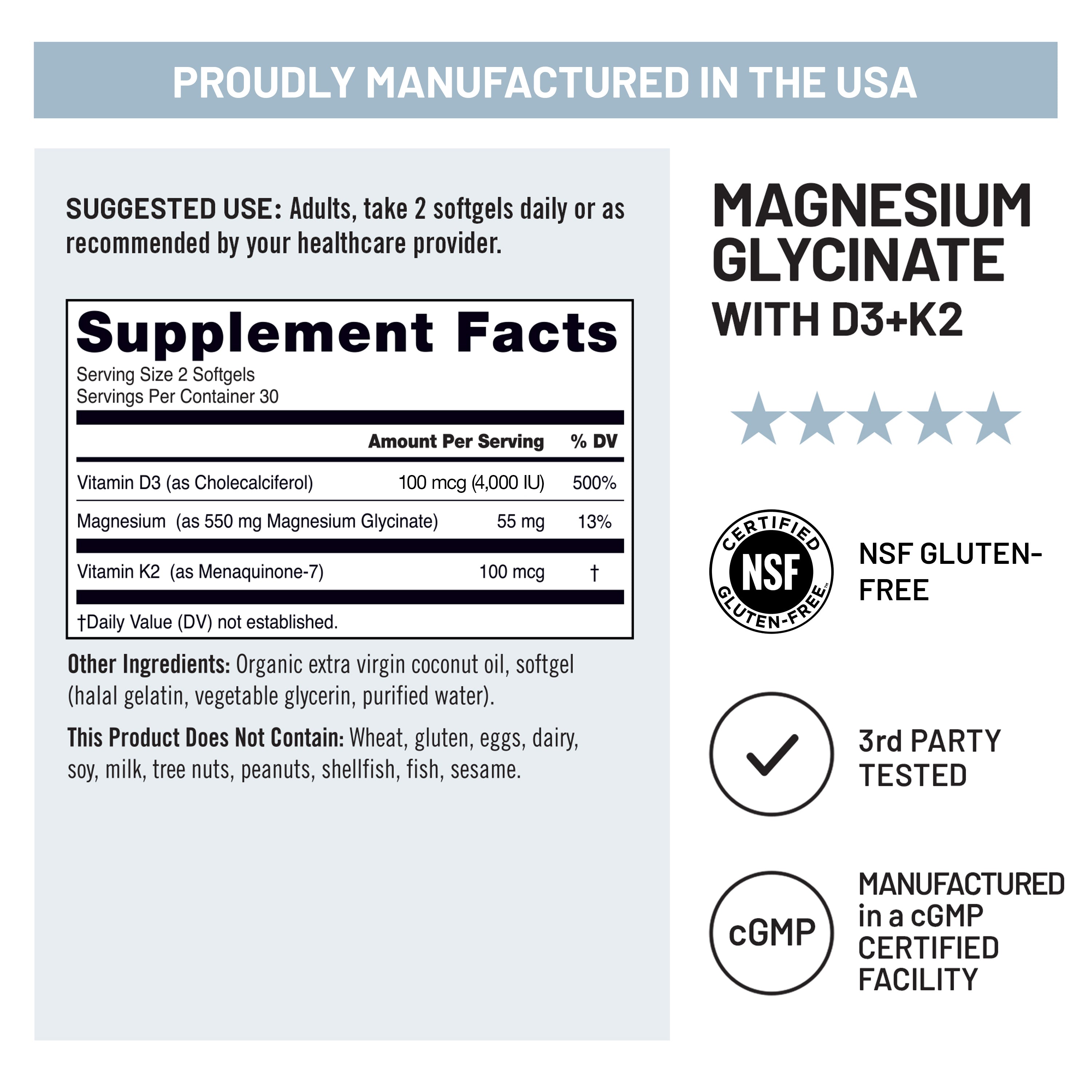 An informational product graphic for Magnesium Glycinate with D3+K2, showing a Supplement Facts label, usage suggestions, certification badges including NSF Gluten-Free and cGMP, and a row of five stars.