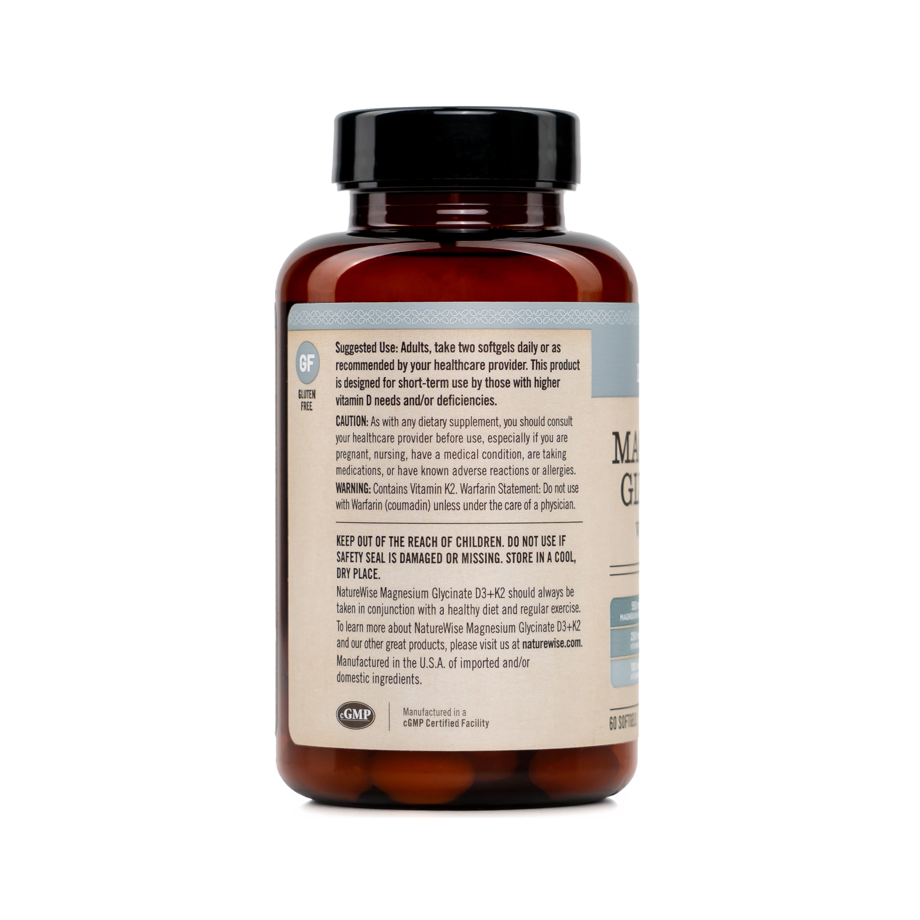Naturewise Magnesium Glycinate + D3 & K2 supplement bottle side on a white background
