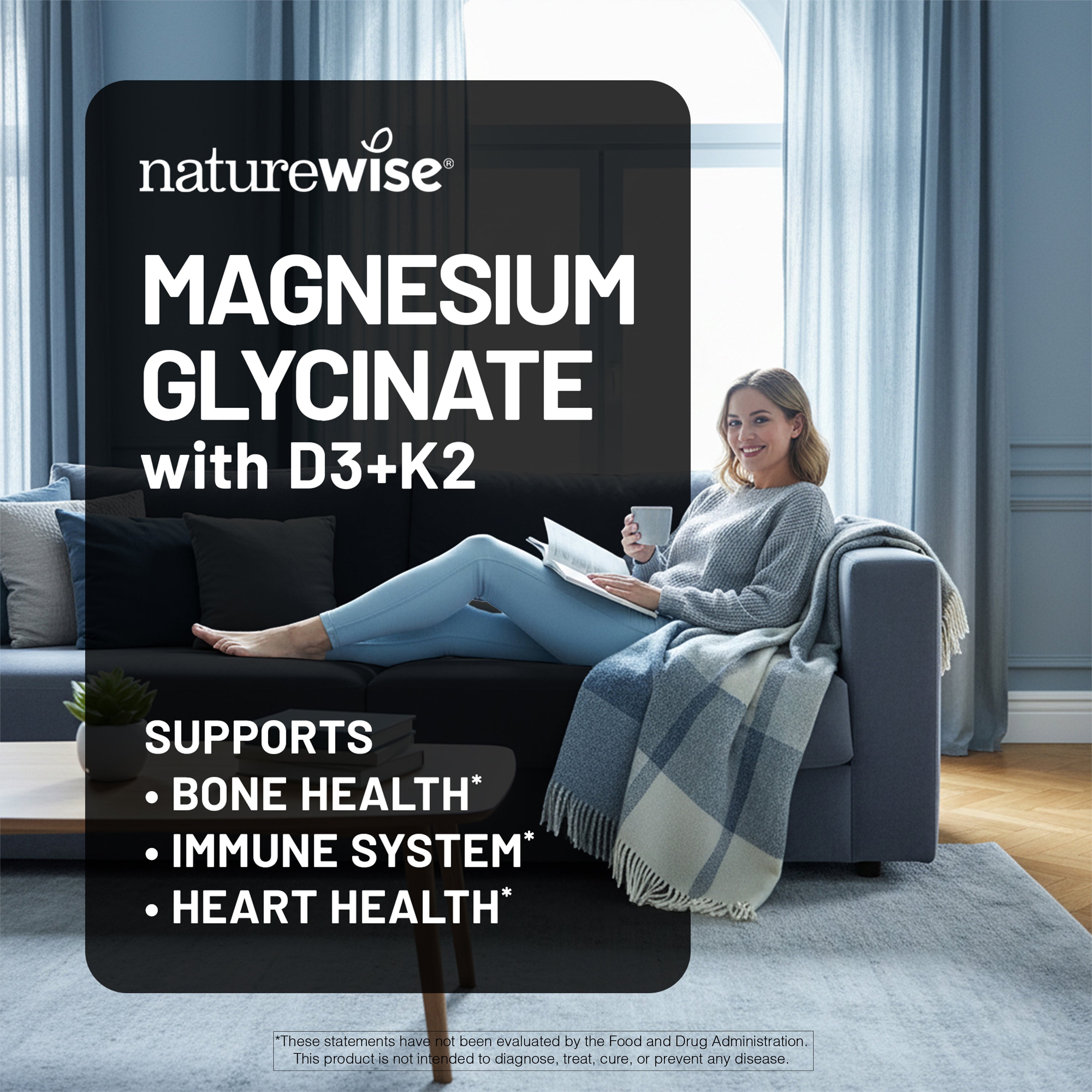 Woman relaxing on a couch with a blanket, holding a cup, and text about naturewise magnesium glycinate supplement.