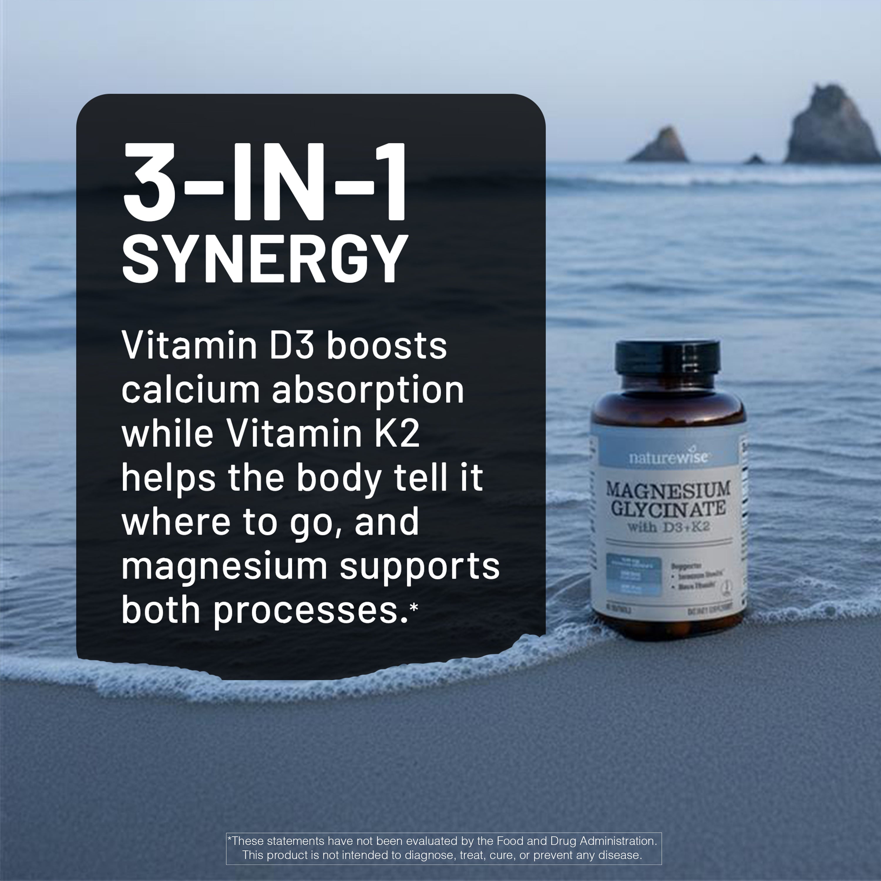 NatureWise magnesium glycinate supplement bottle with text about 3-IN-1 synergy on a beach.