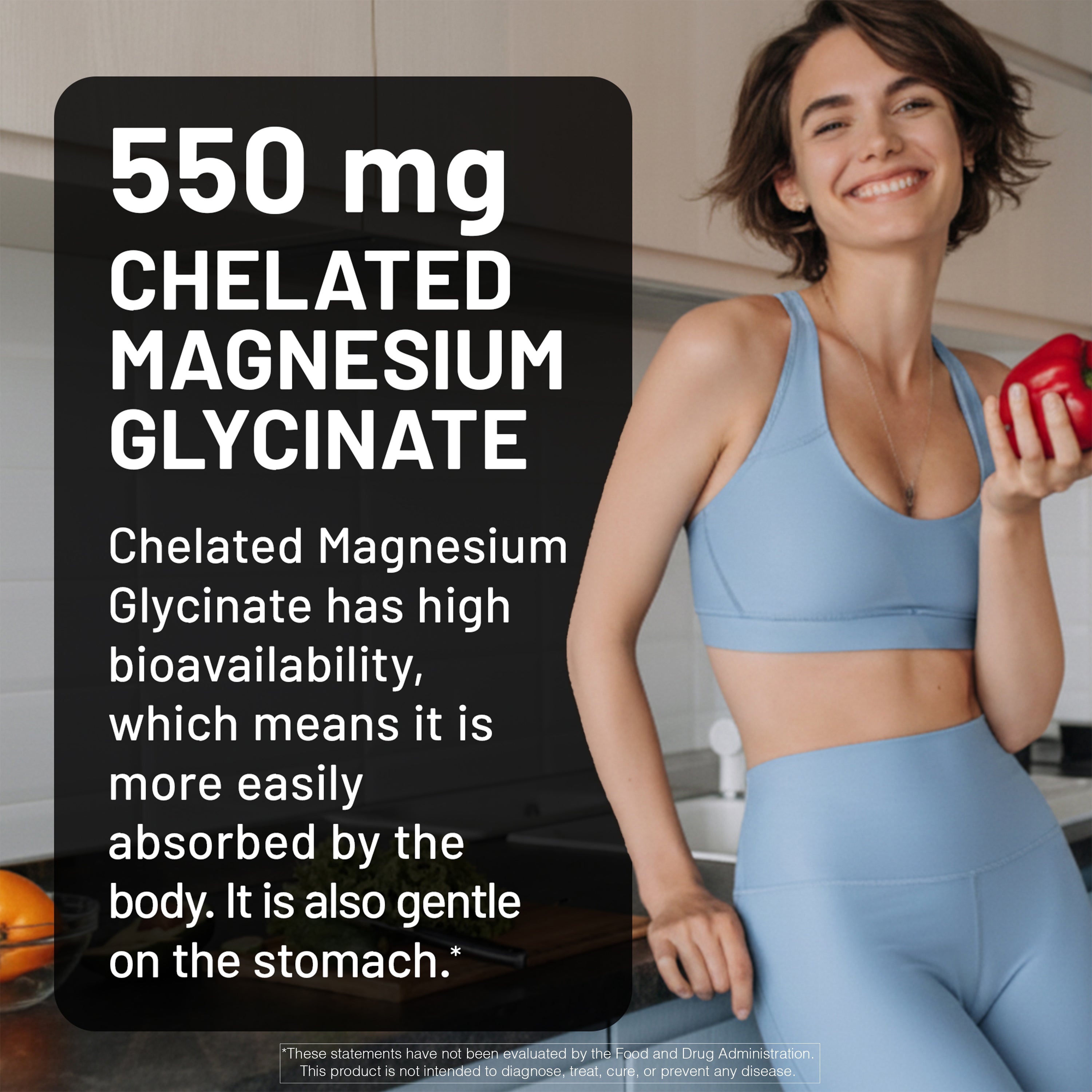 Woman in athletic wear holding a bell pepper with text about chelated magnesium glycinate.