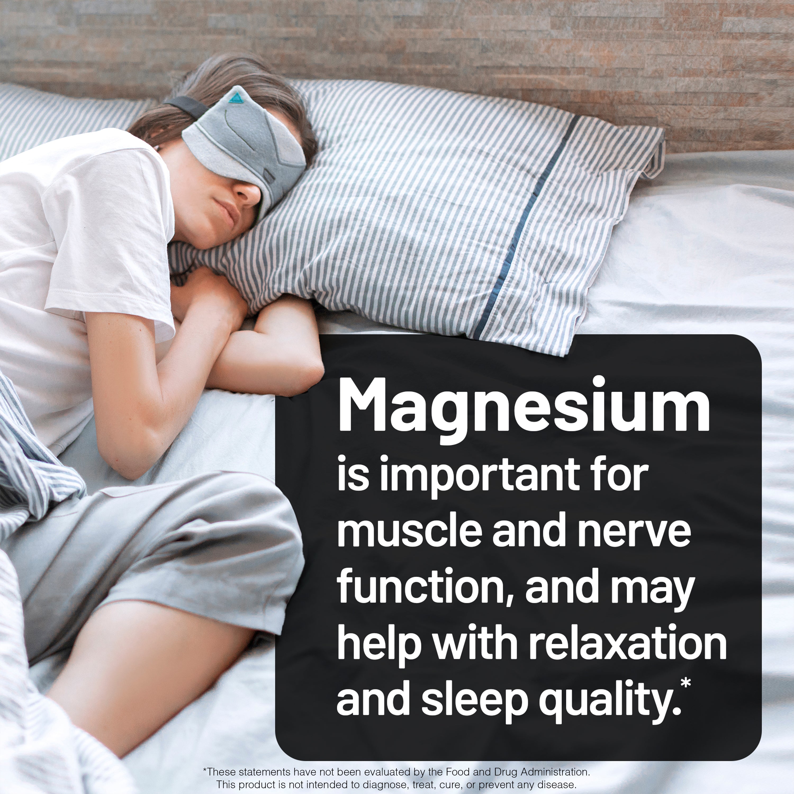 Person sleeping with a sleep mask on, text about magnesium benefits.
