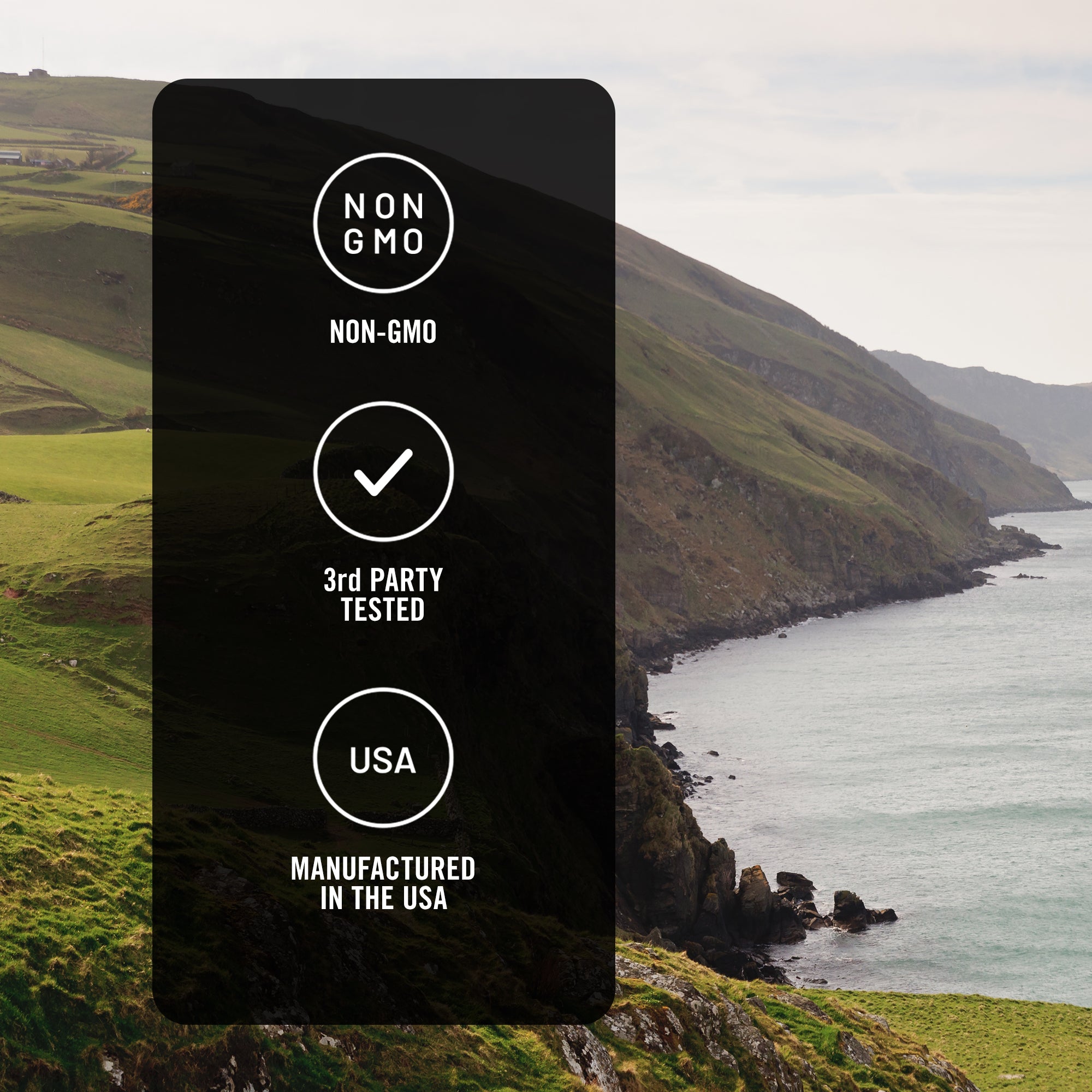 Product label with certification icons over a scenic background of a coastal landscape.
