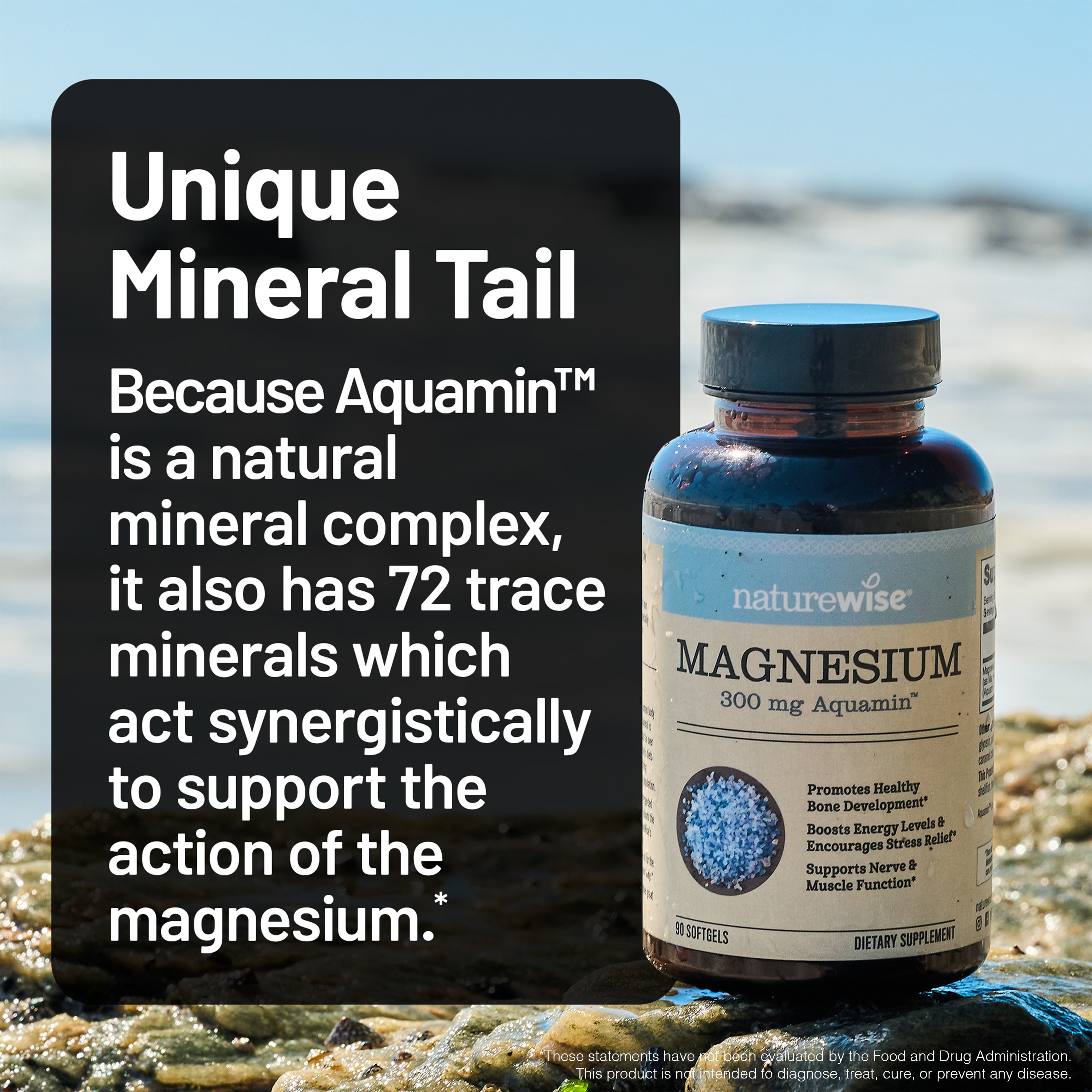 Naturewise magnesium supplement bottle with text about Aquamin and trace minerals on a beach background