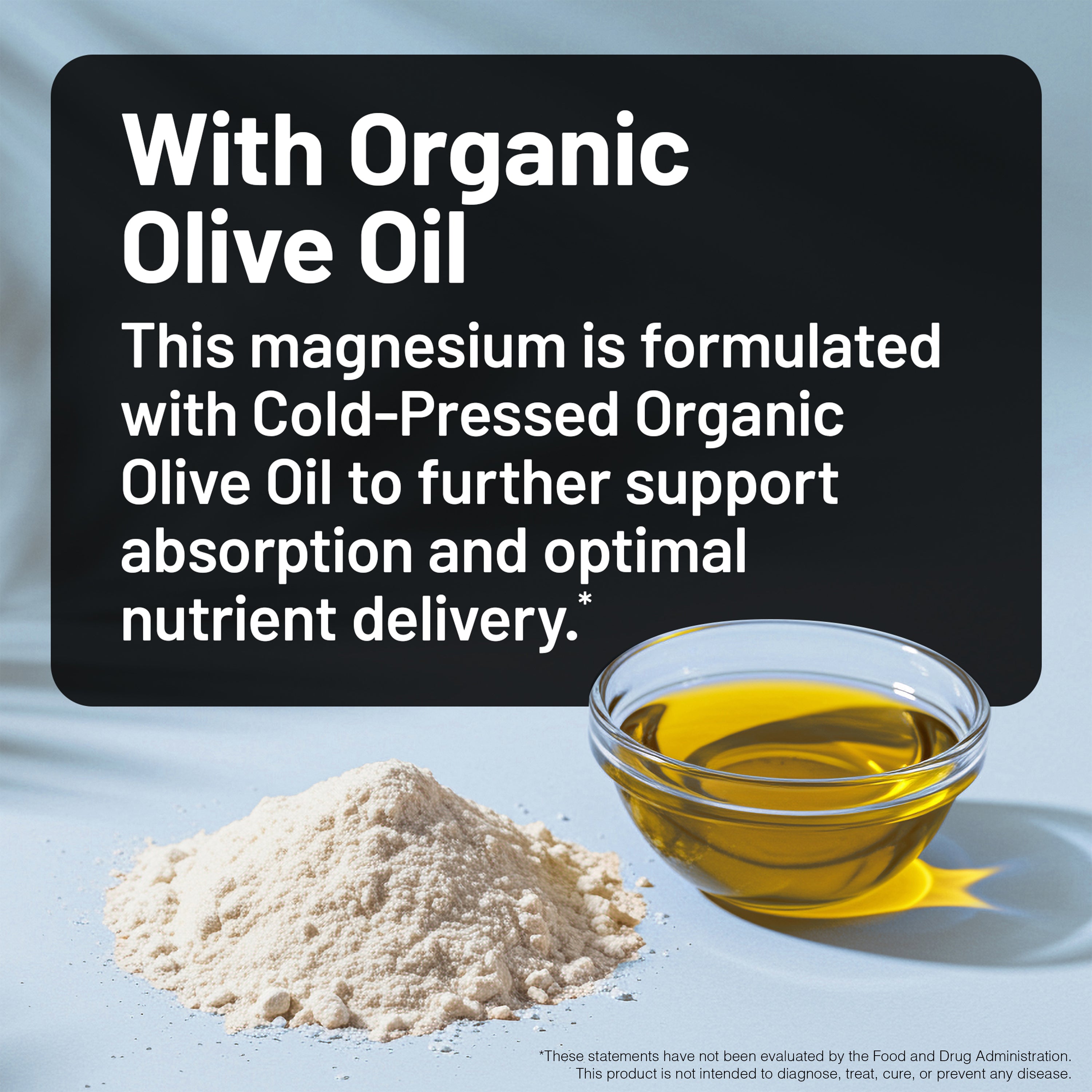 Magnesium powder and organic olive oil with text about their combination on a light blue background.