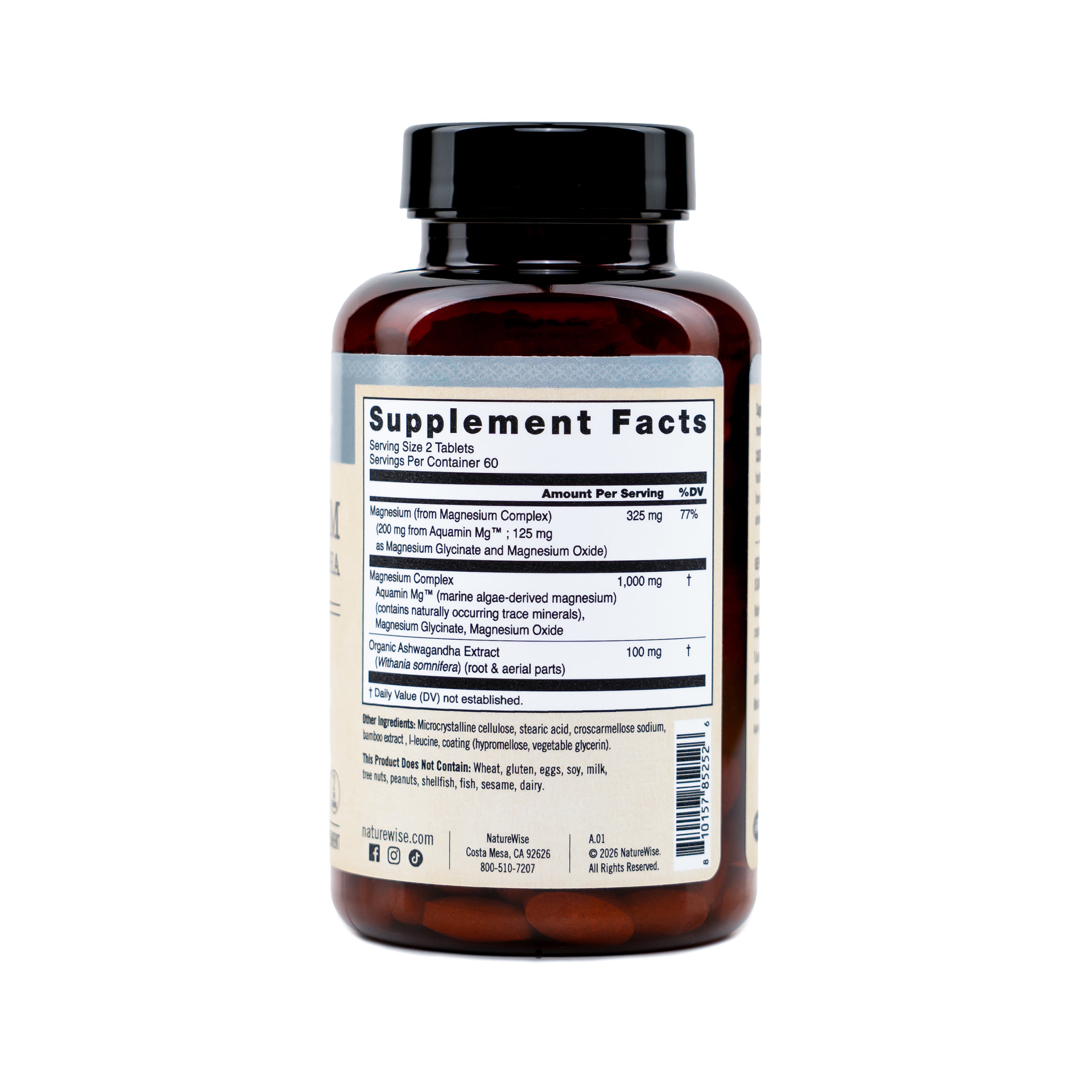 NatureWise Magnesium with Ashwagandha supplement bottle with label showing 'Supplement Facts' on a white background