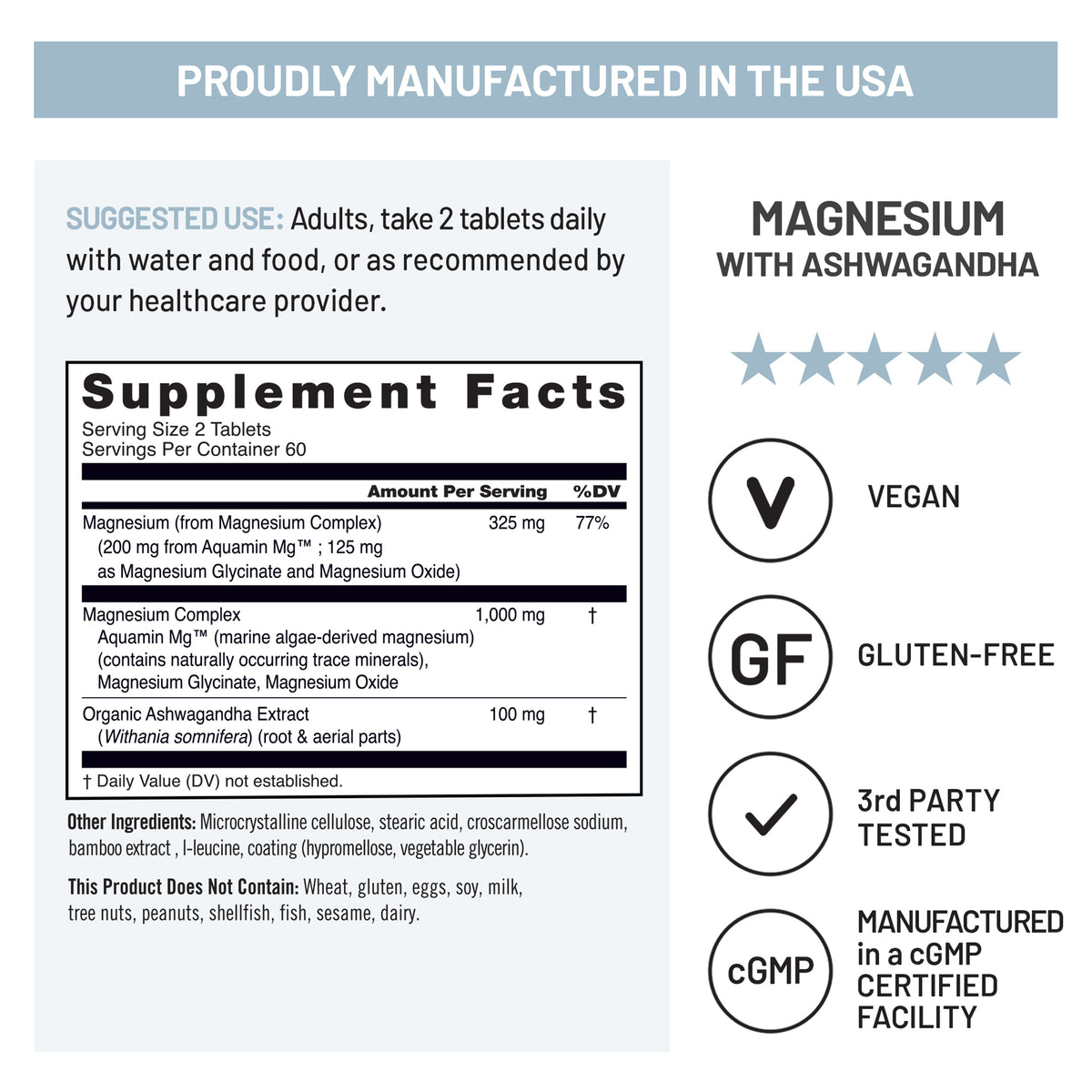 Supplement label for magnesium with ashwagandha, highlighting manufacturing details and supplement facts.