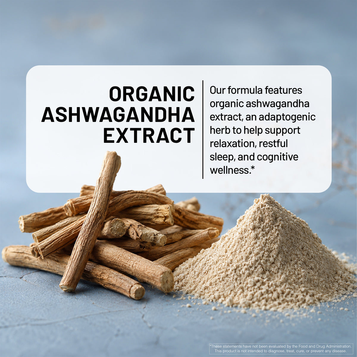 Organic ashwagandha extract shown as dried brown roots and a pile of light beige powder on a blue textured surface, with a white text panel describing the adaptogenic herb.