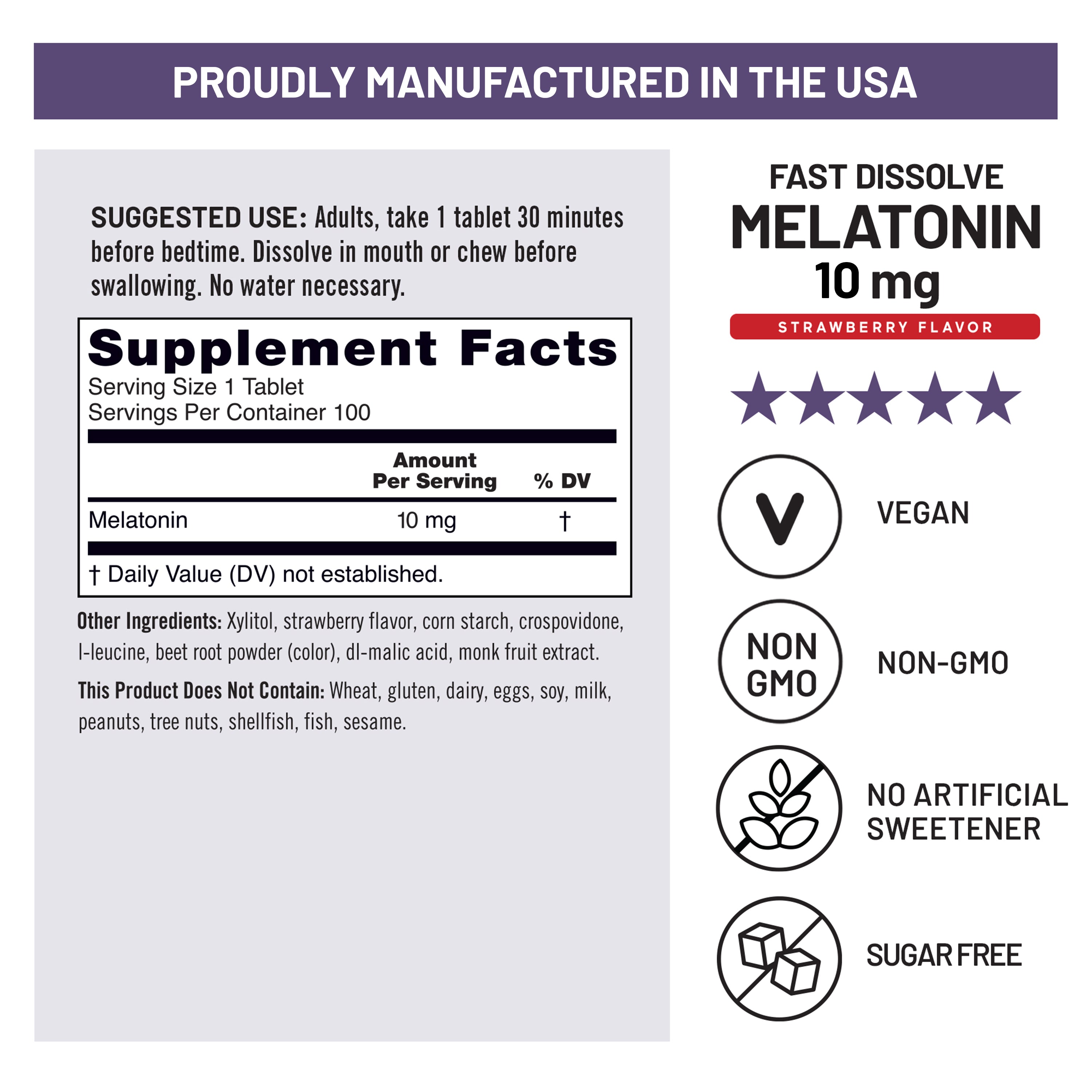NatureWise Fast Dissolve Melatonin 10mg strawberry flavor tablets supplement facts.