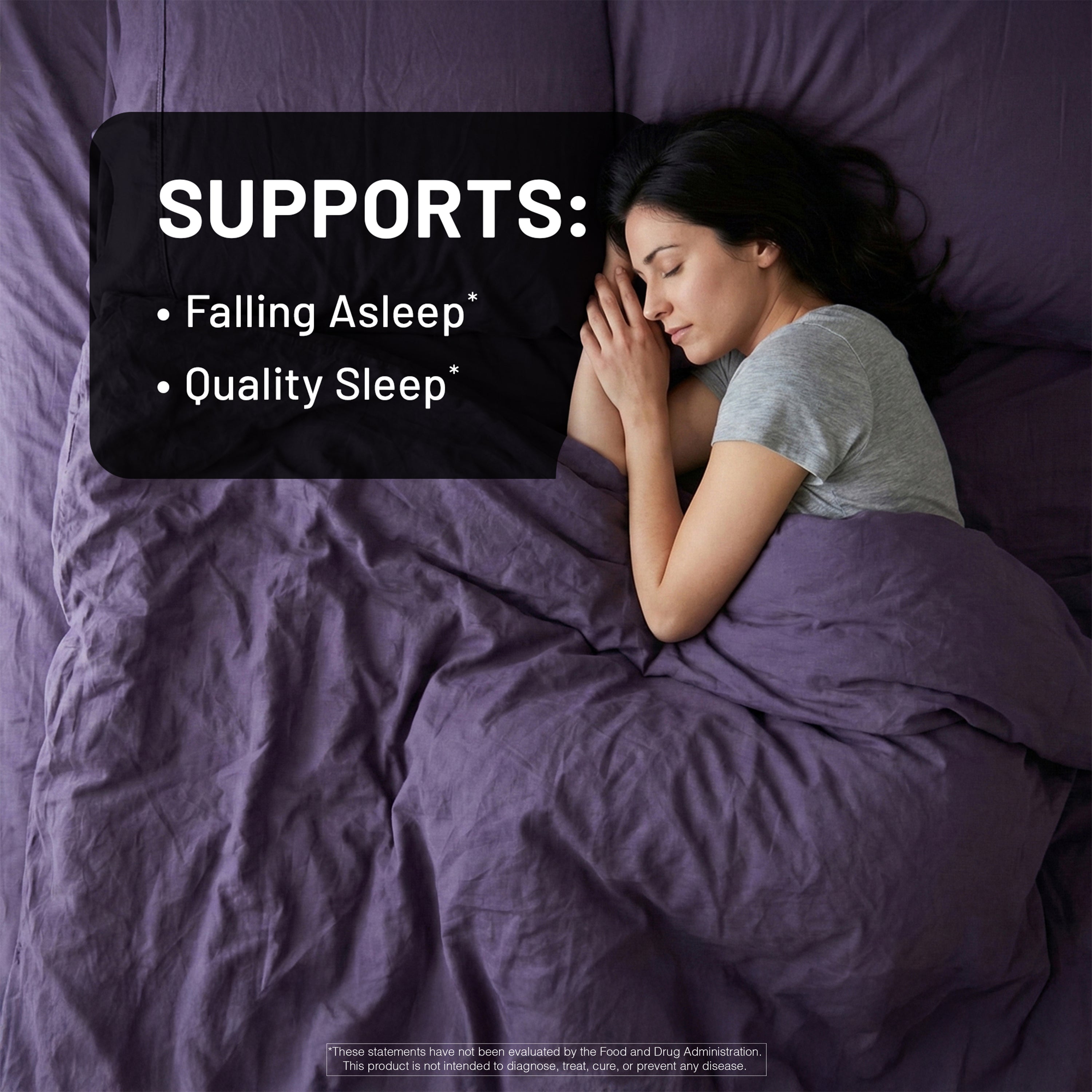 Woman sleeping under purple sheets with text about melatonin 10mg supplement on a black background