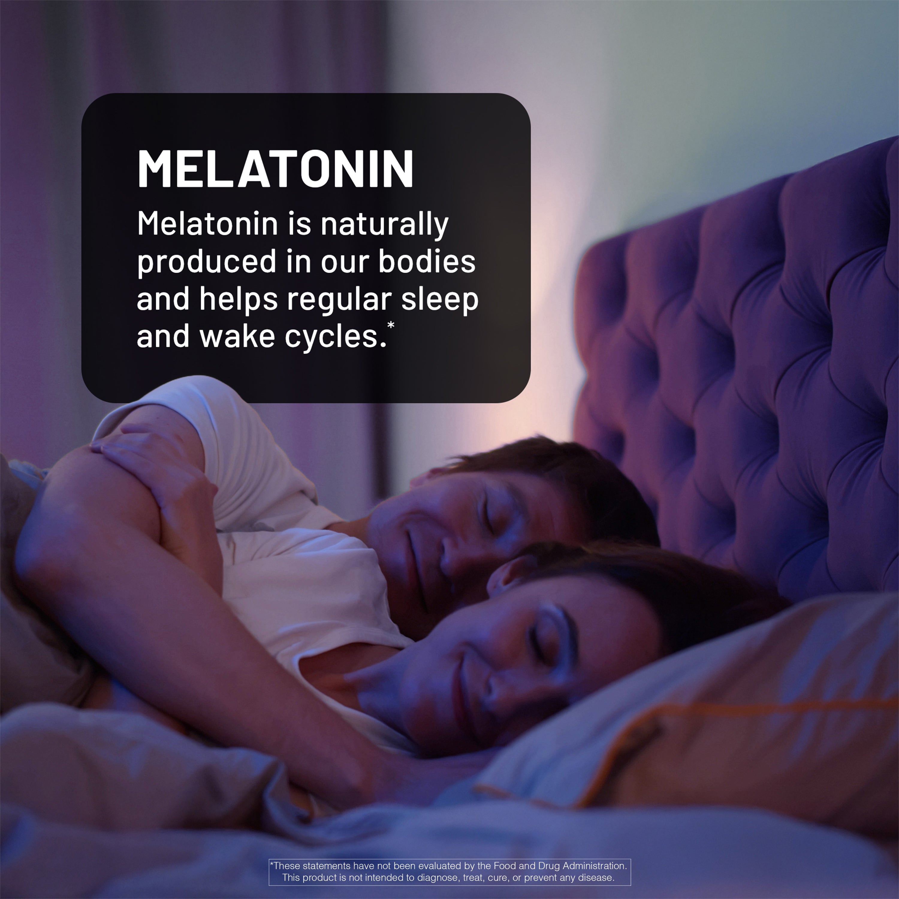 Two people lying in bed with a text overlay about melatonin supplement benefits.