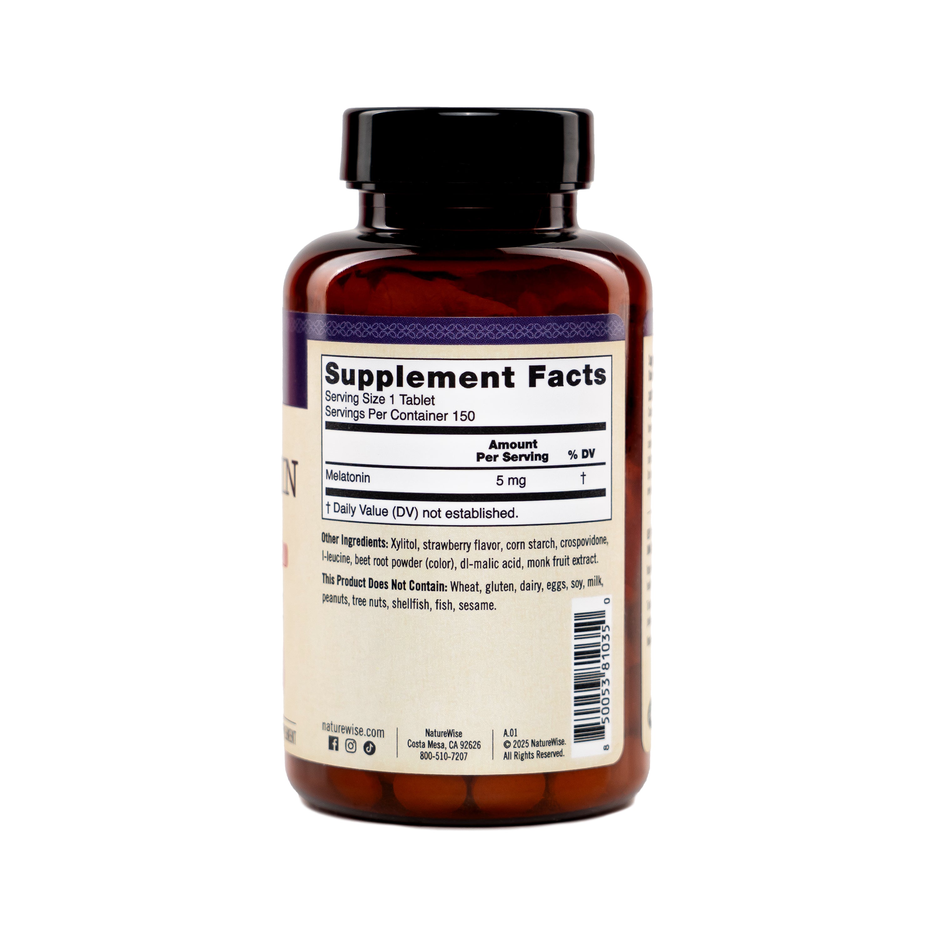 Melatonin supplement bottle showing supplement facts panel a white background