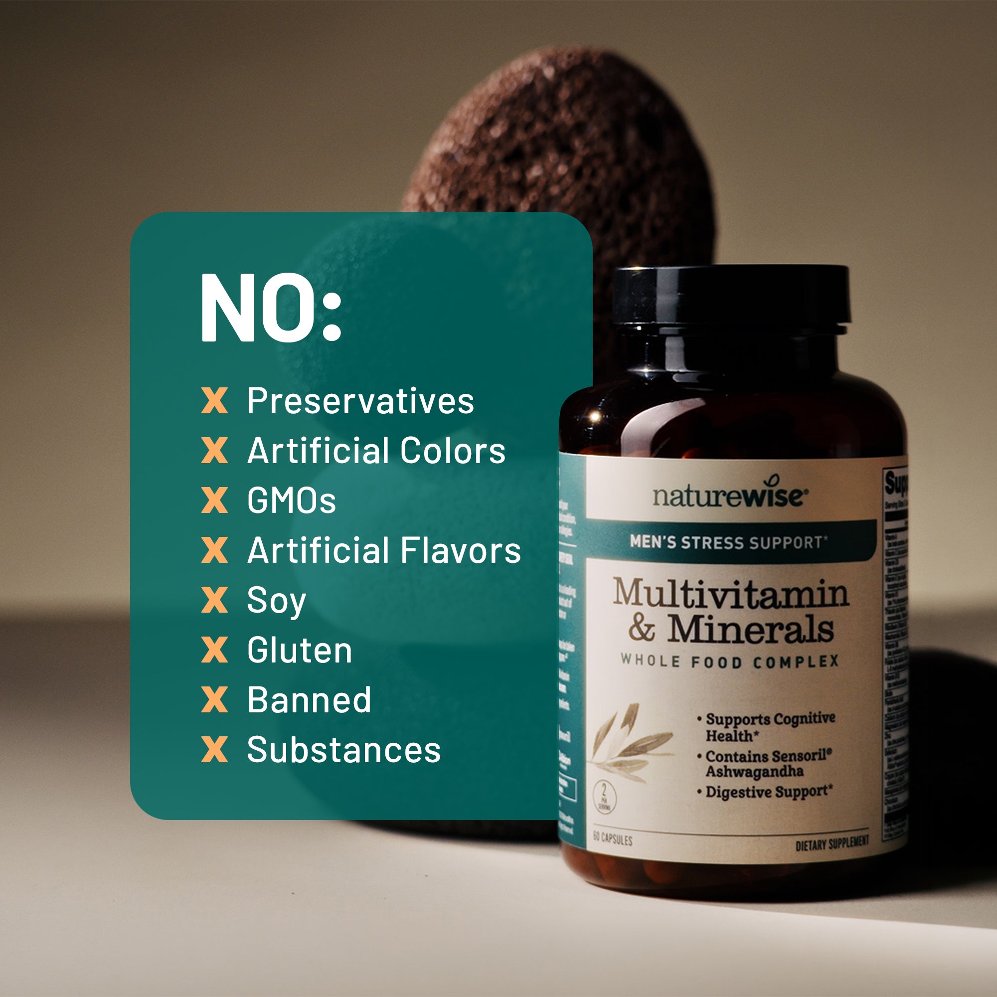 NatureWise multivitamin & minerals bottle with a list of no ingredients on a gradient background
