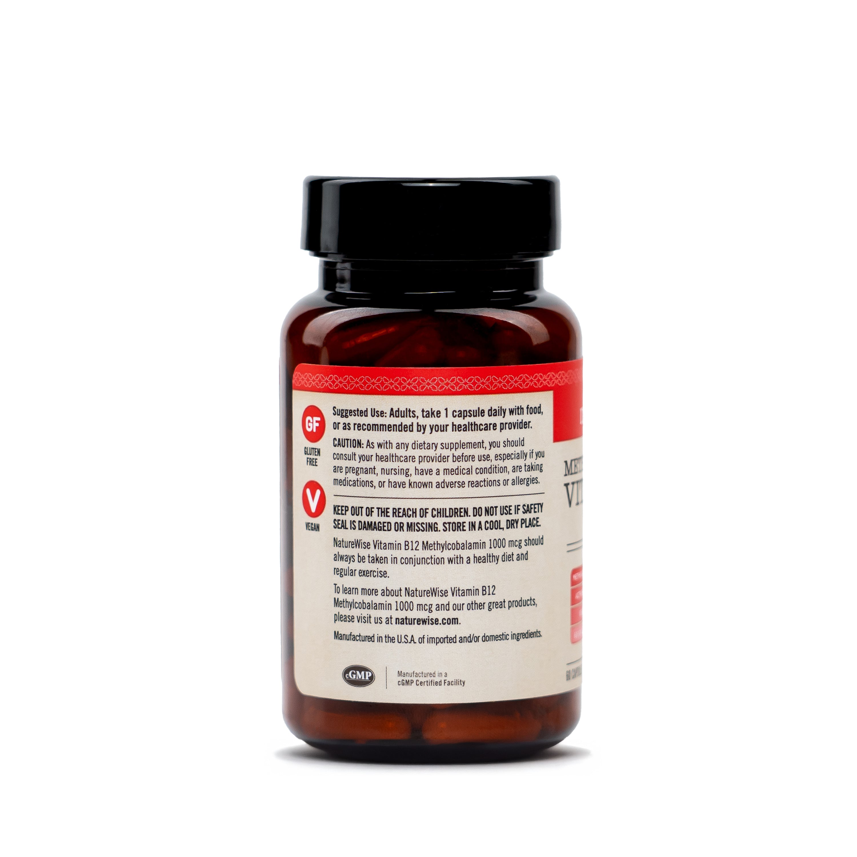 NatureWise Methylcobalamin side view of bottle showing suggested use.