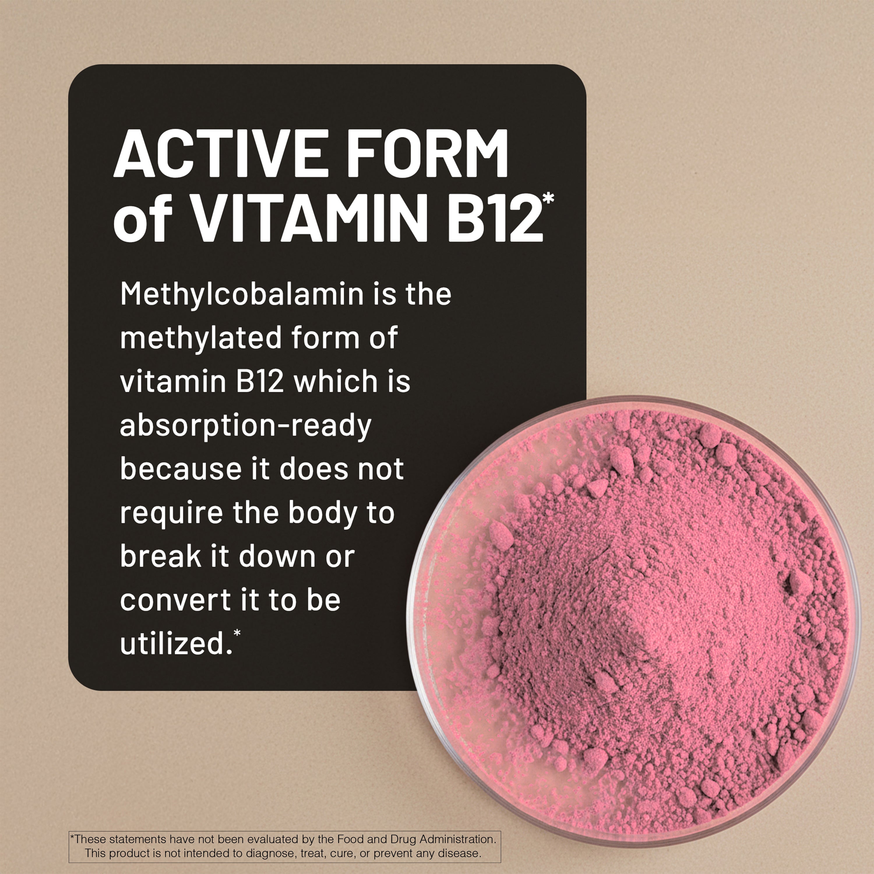 Pink powder in a petri dish with text about the active form of vitamin B12 on a beige background
