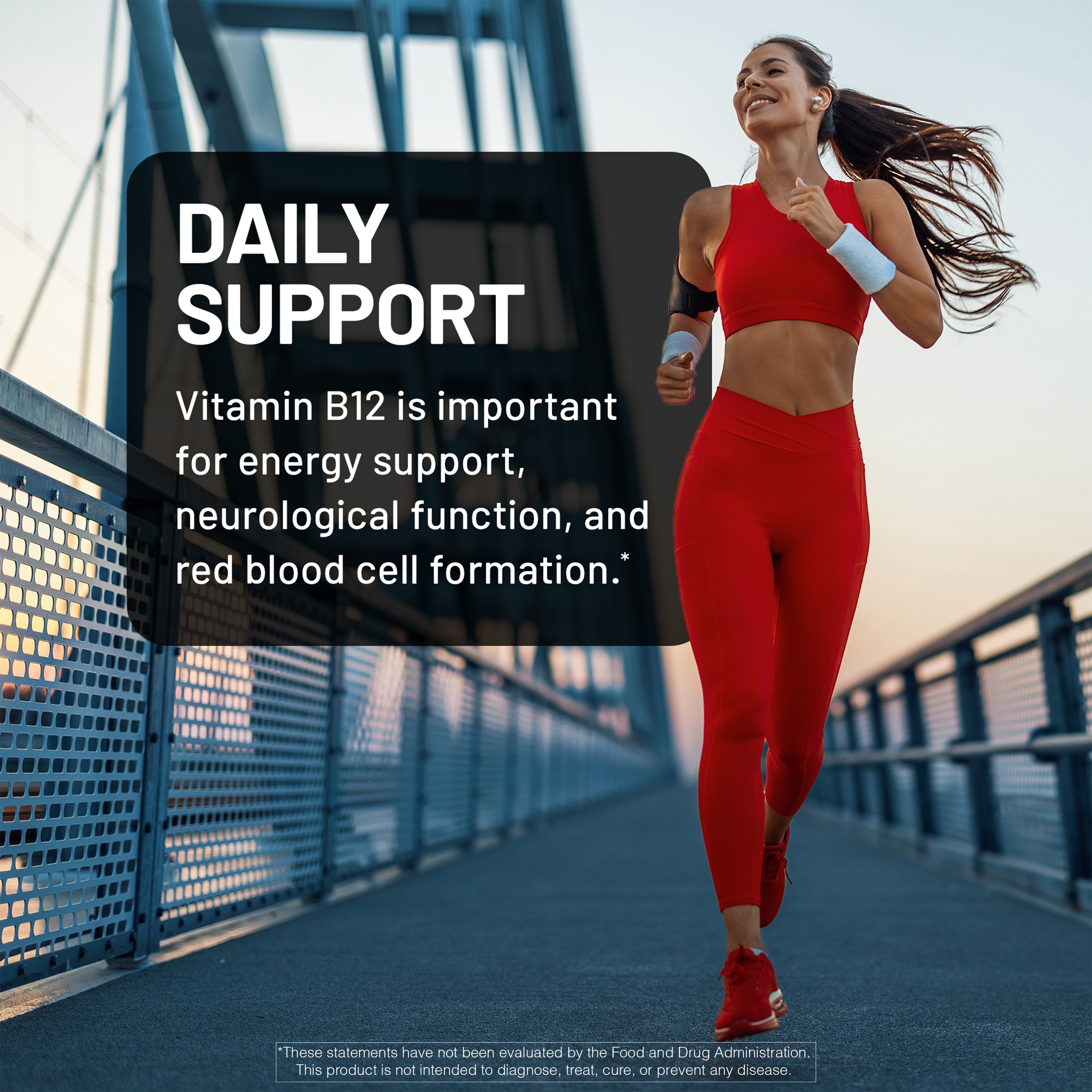 Woman running on a bridge with text about Vitamin B12 benefits