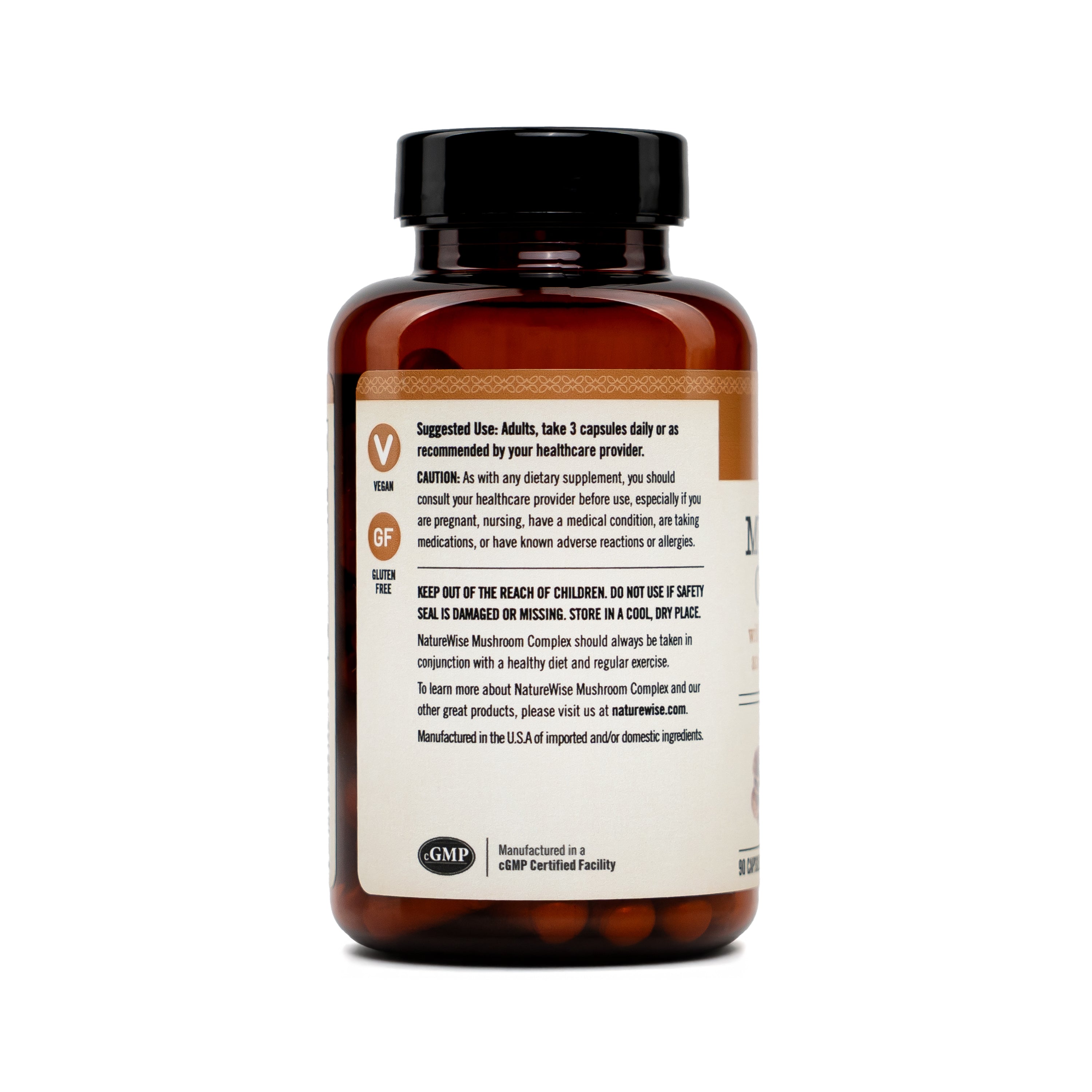 Brown mushroom complex supplement bottle with label on a white background