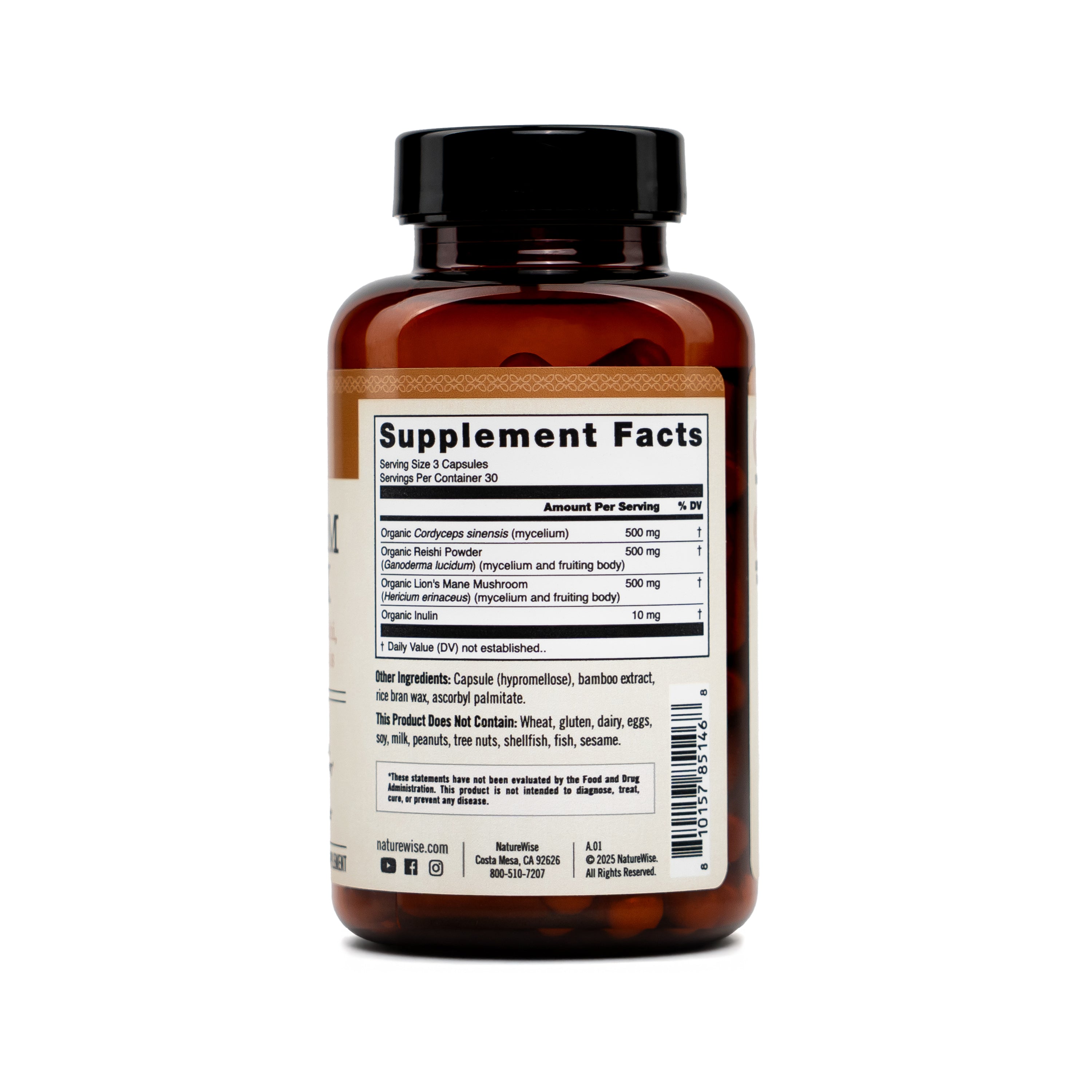 Brown mushroom complex supplement bottle with label on a white background