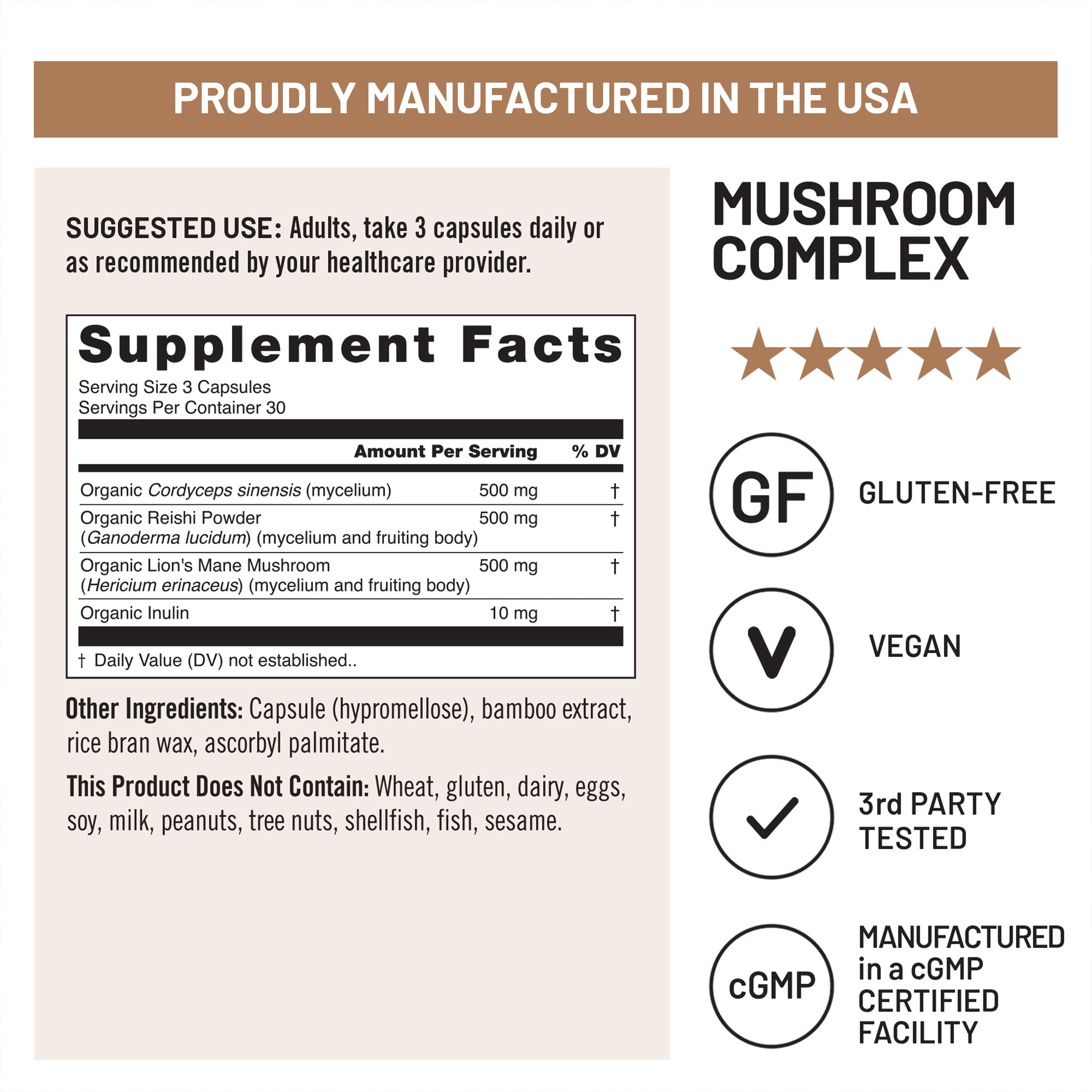 Supplement label for a mushroom complex supplement with certification icons and manufacturing details.