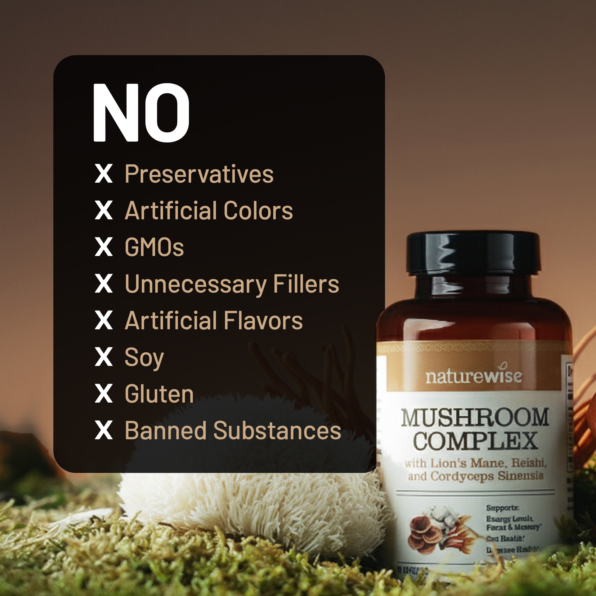 Naturewise Mushroom Complex supplement bottle with a list of no additives on a natural background