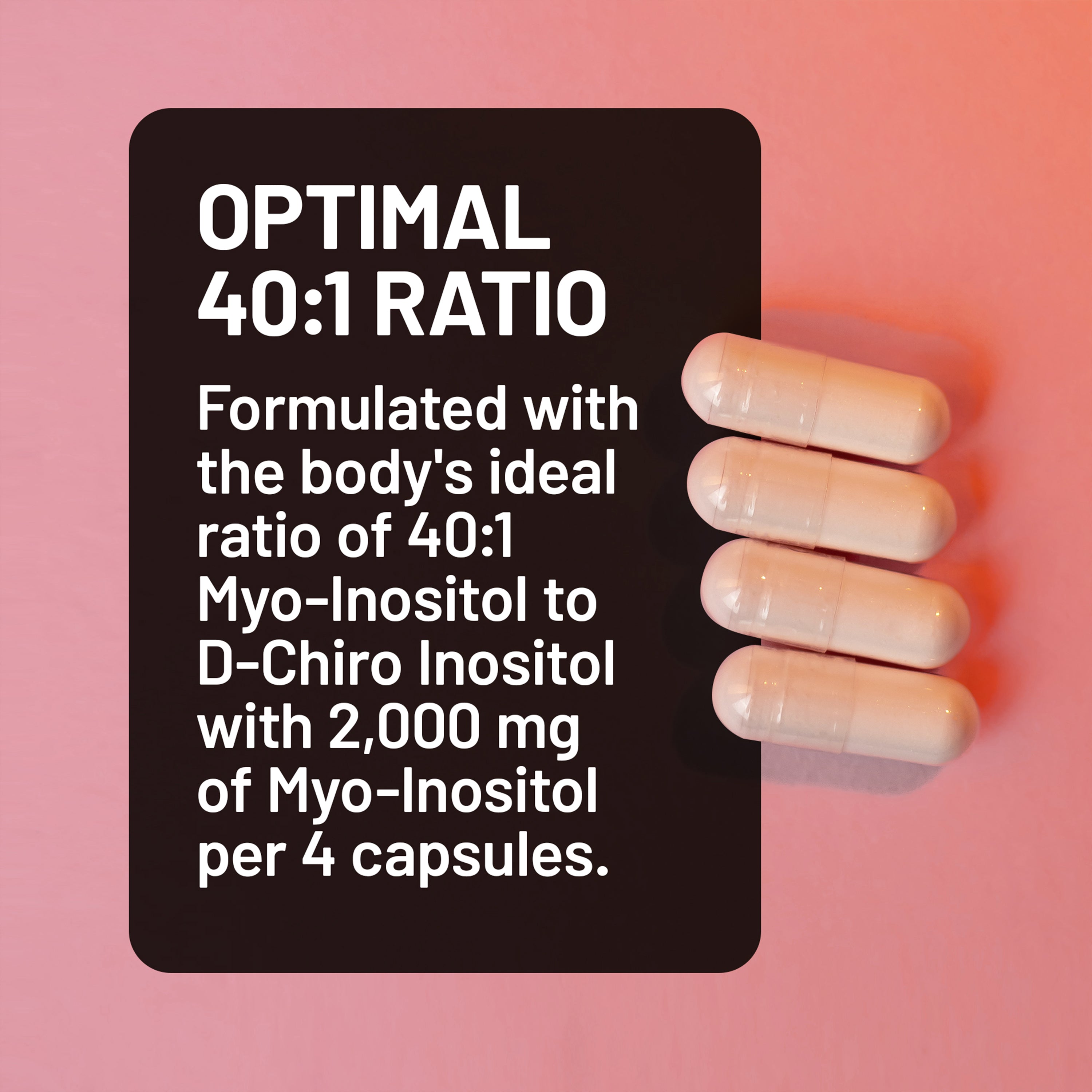 Black label with white text on a pink background, featuring information about a Myo-Inositol supplement.