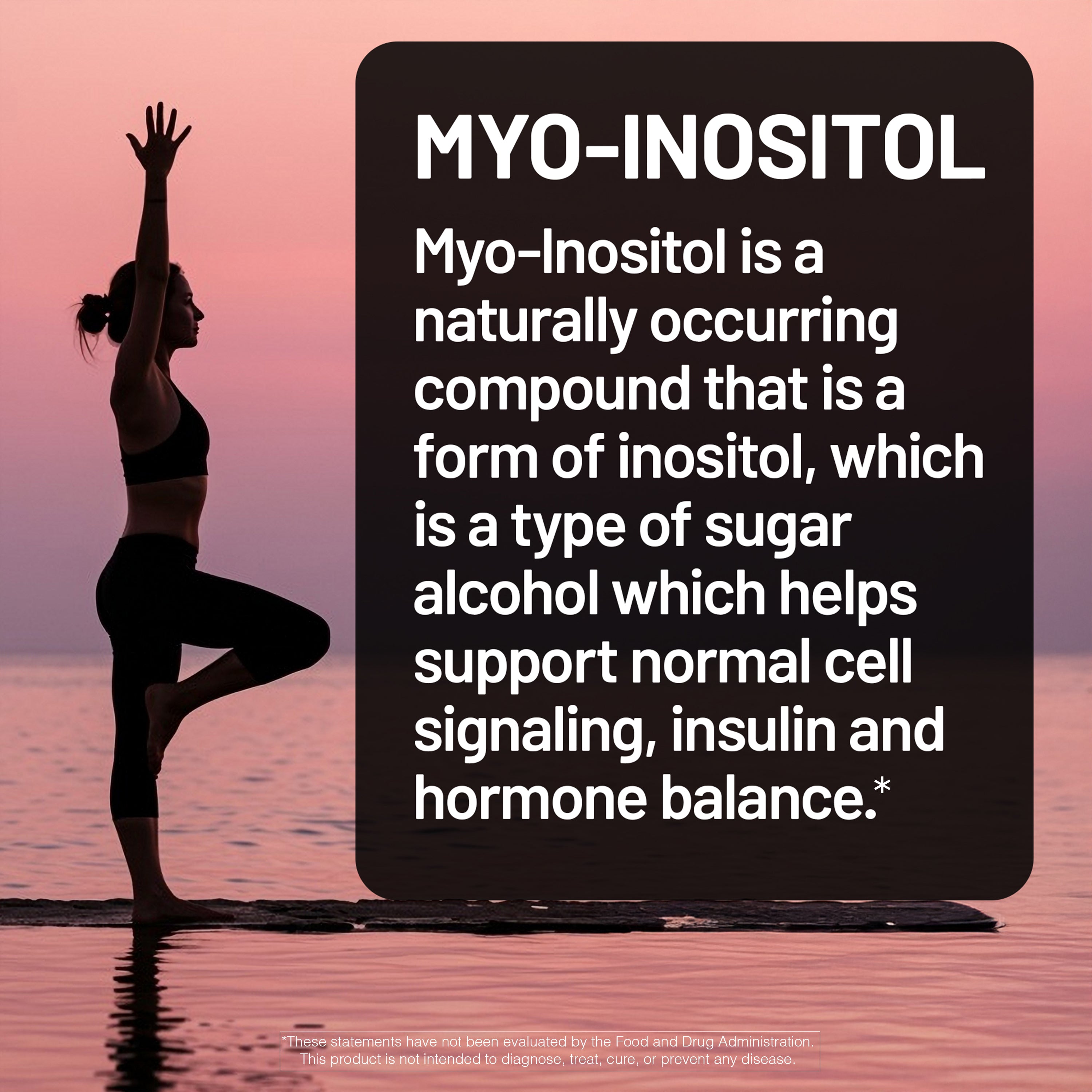 Woman practicing yoga with text about Myo Inositol and d-chiro inositol supplement on a pink sunset background