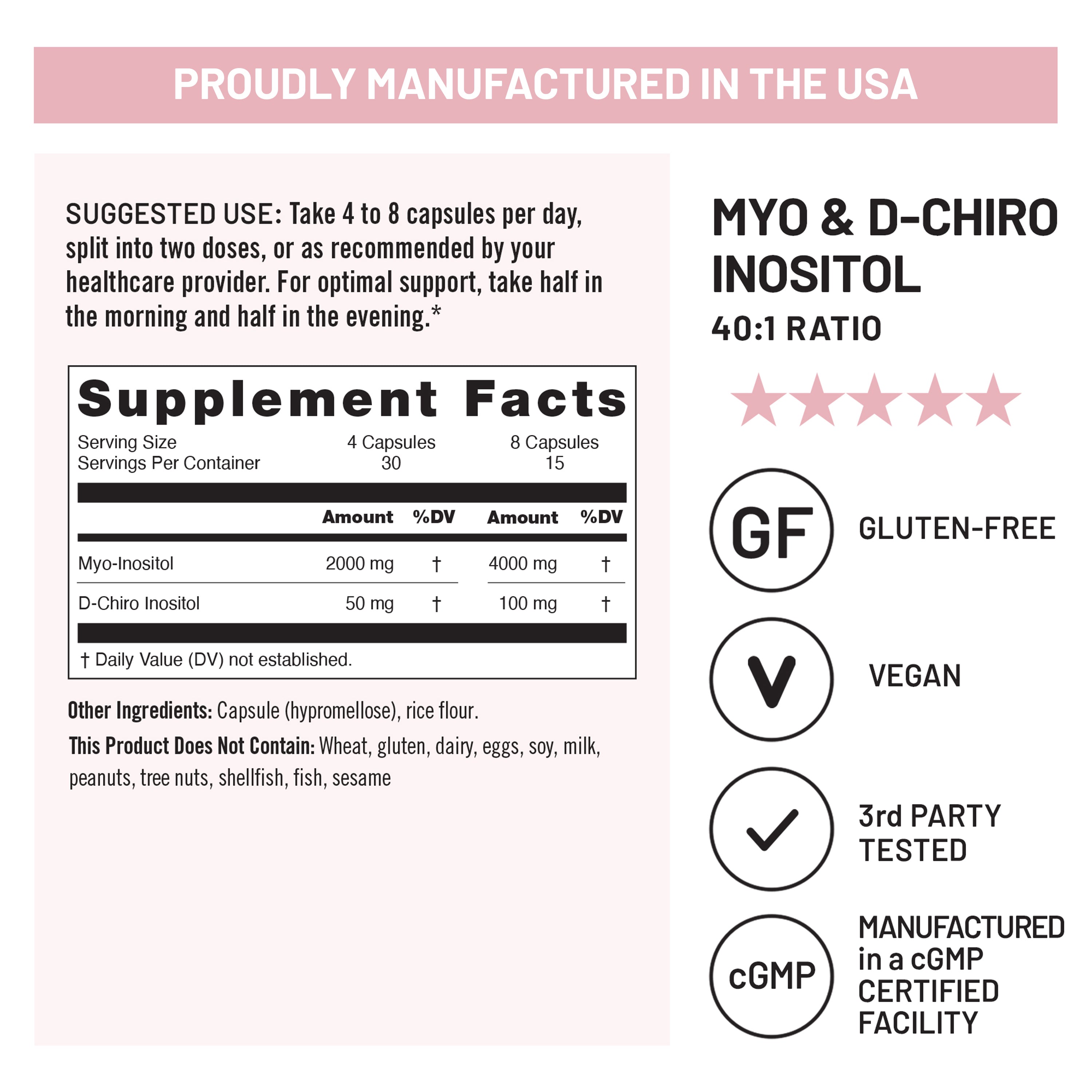 Myo inositol and d chiro inositol supplement label with facts and manufacturing details on a white background