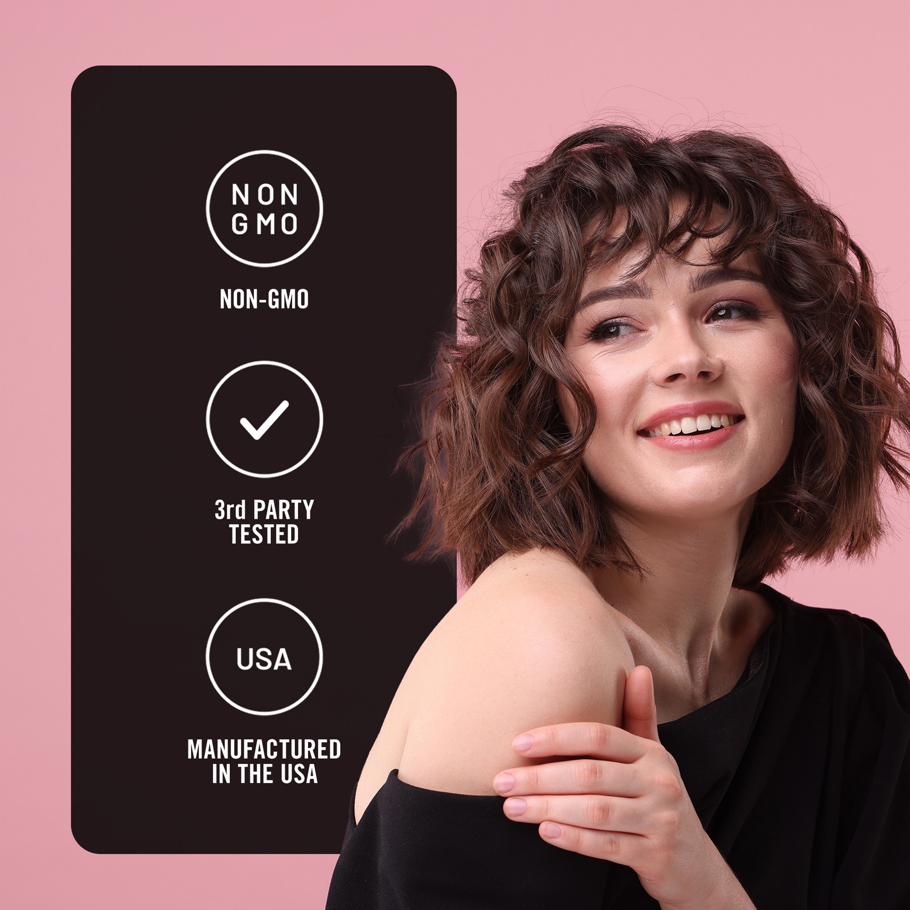 Woman with a black card displaying myo inositol & d chiro inositol certification icons on a pink background