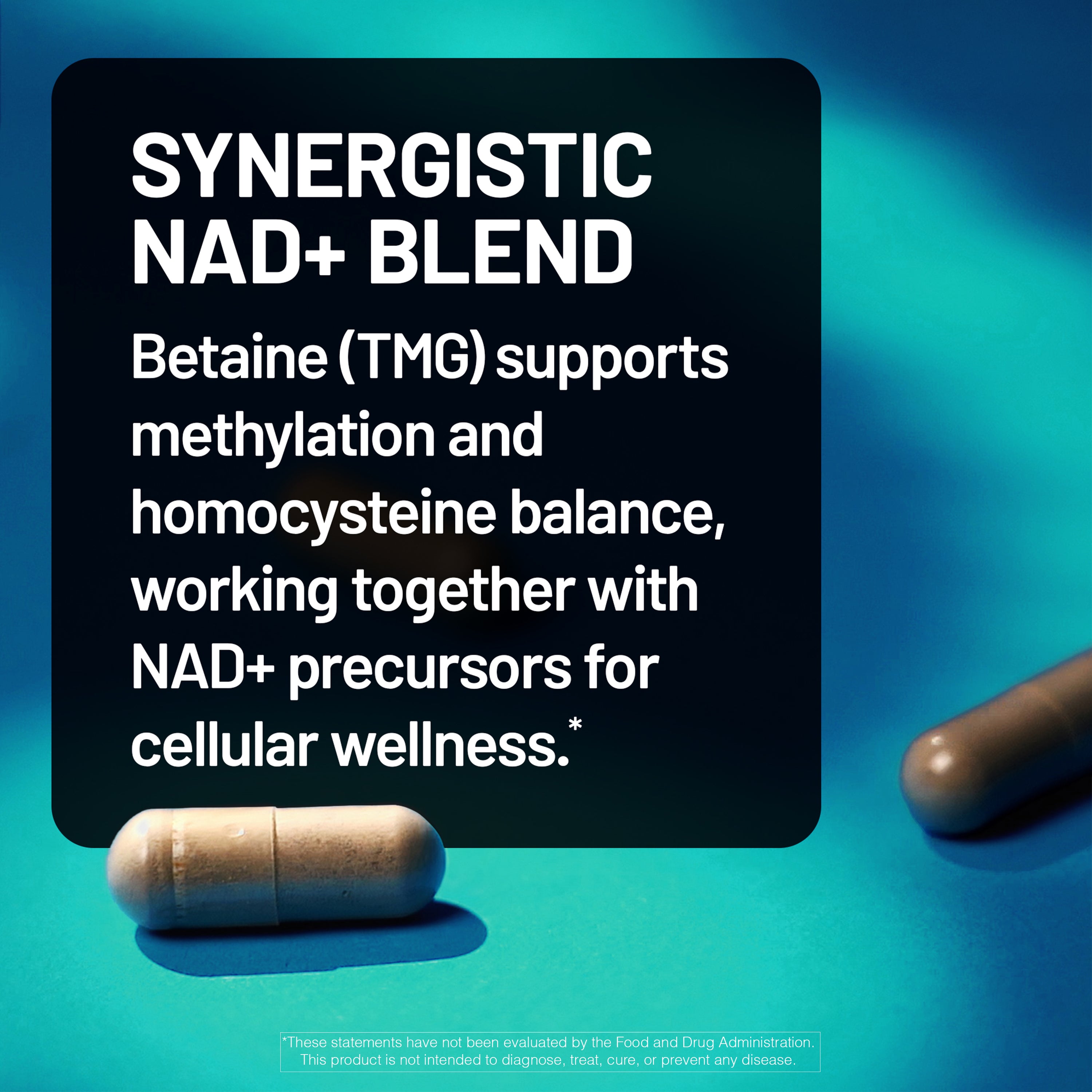 Synergistic NAD+ blend with text on a blue background
