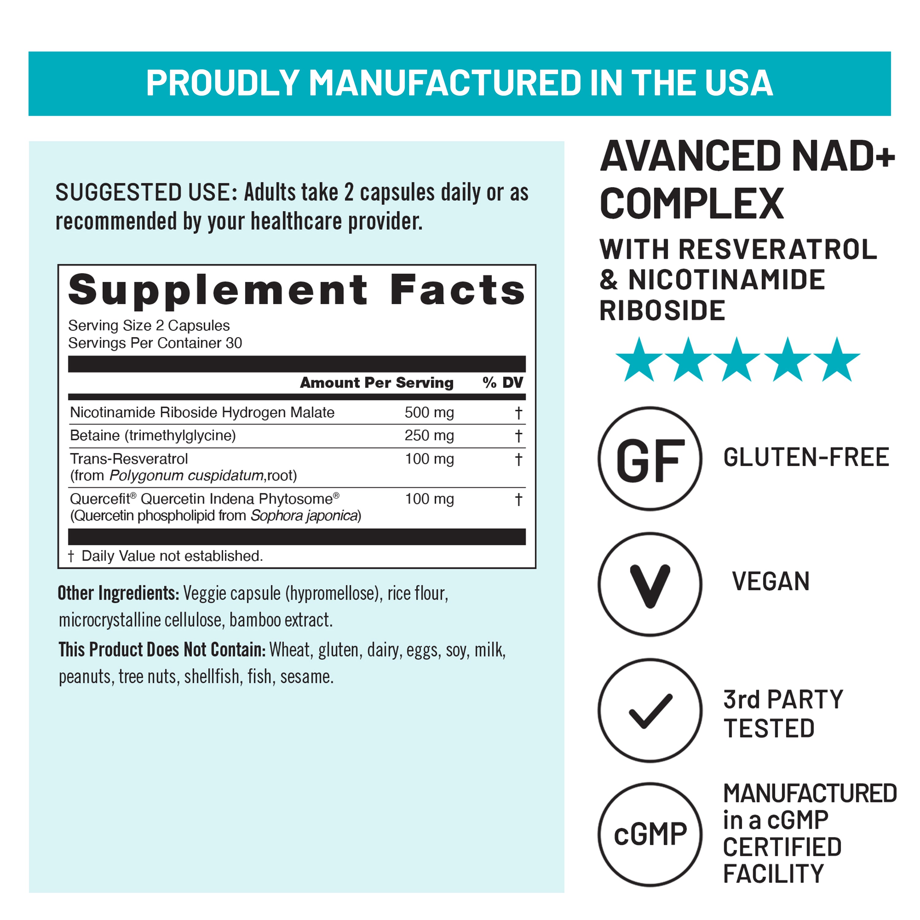 Supplement label with NAD+ complex ingredients and manufacturing details on a light blue background