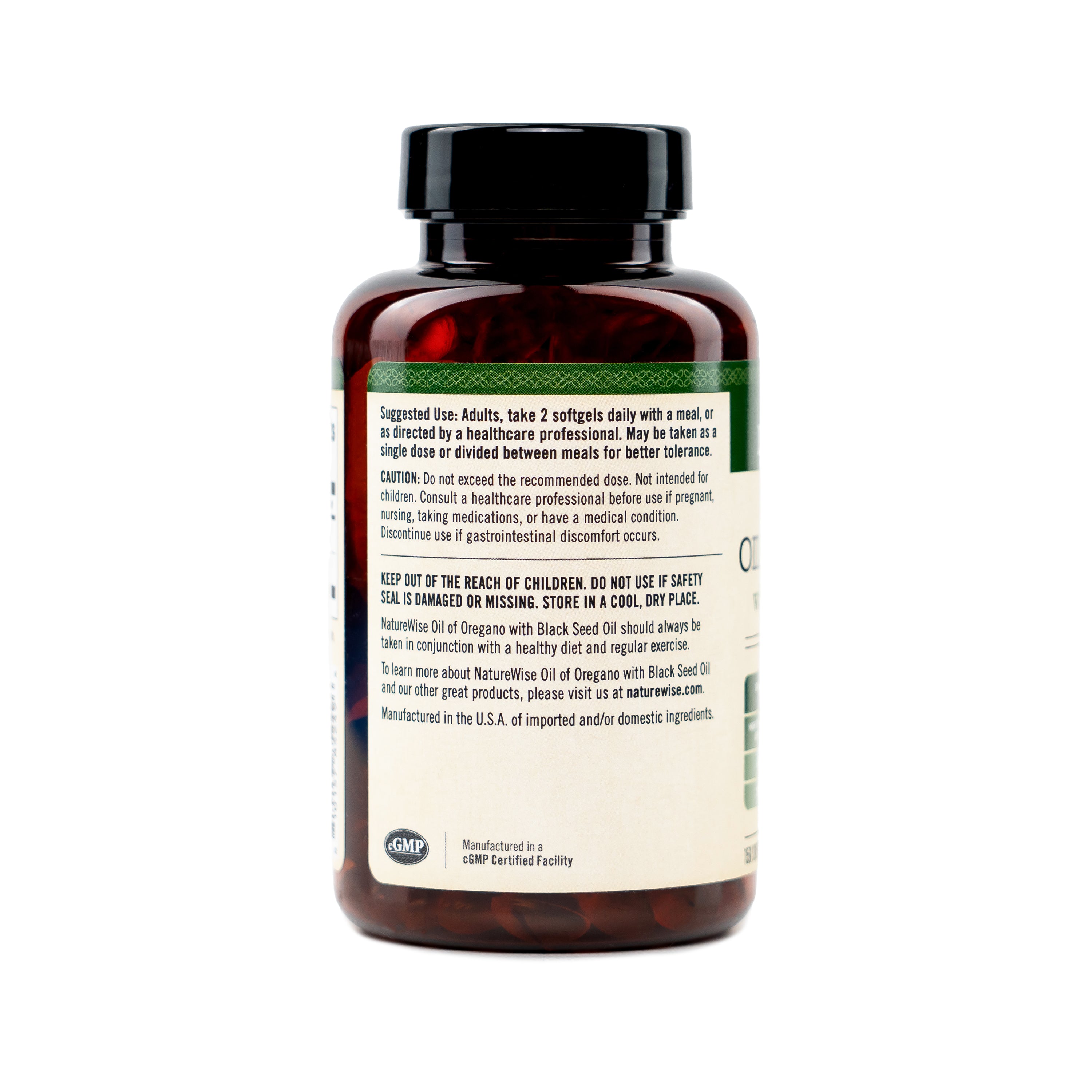 Naturewise Vegan Oil of Oregano with Black Seed Oil supplement bottle with suggested use label on a white background