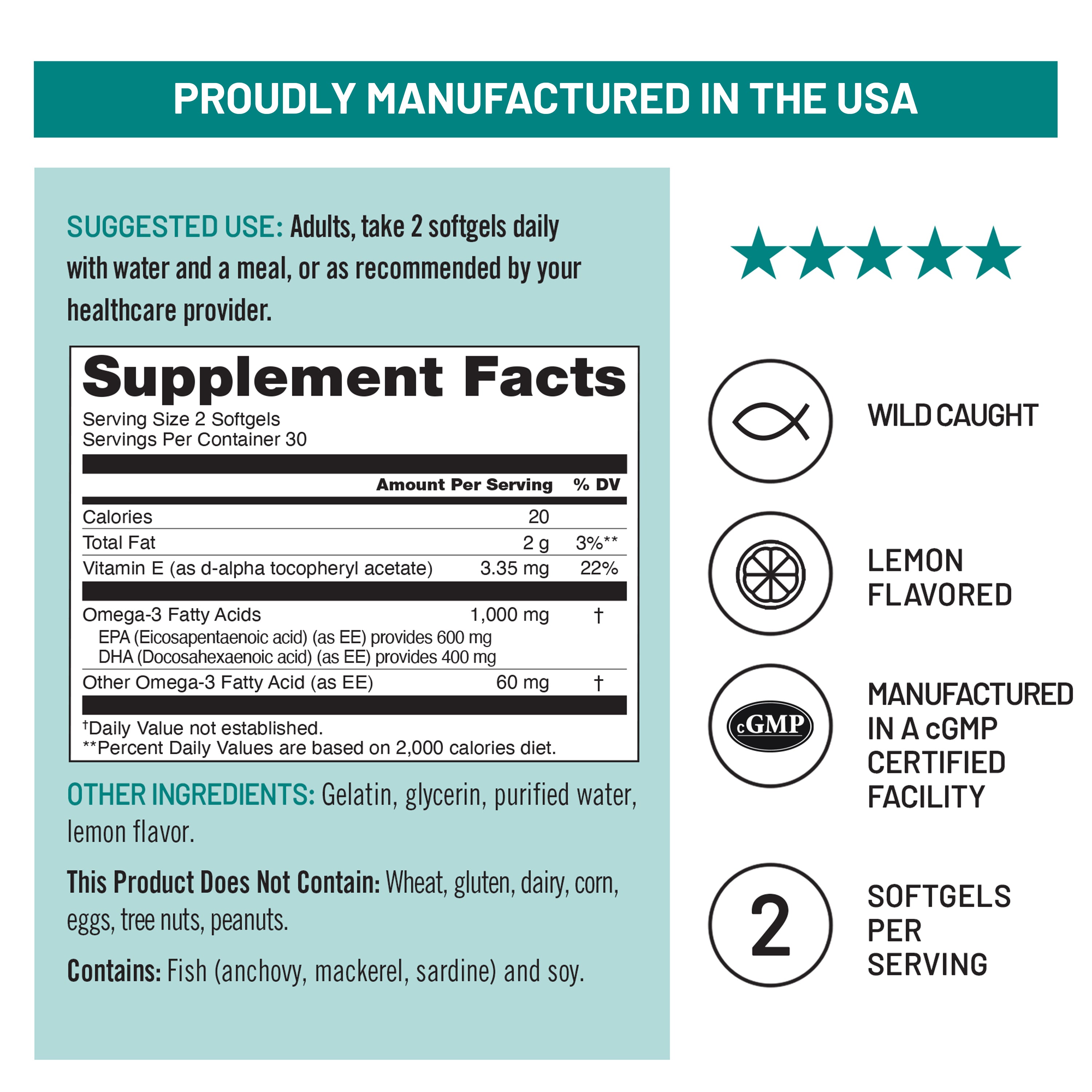 Omega-3 + Vitamin E Supplement label 30 softgels with facts and manufacturing details on a light blue background