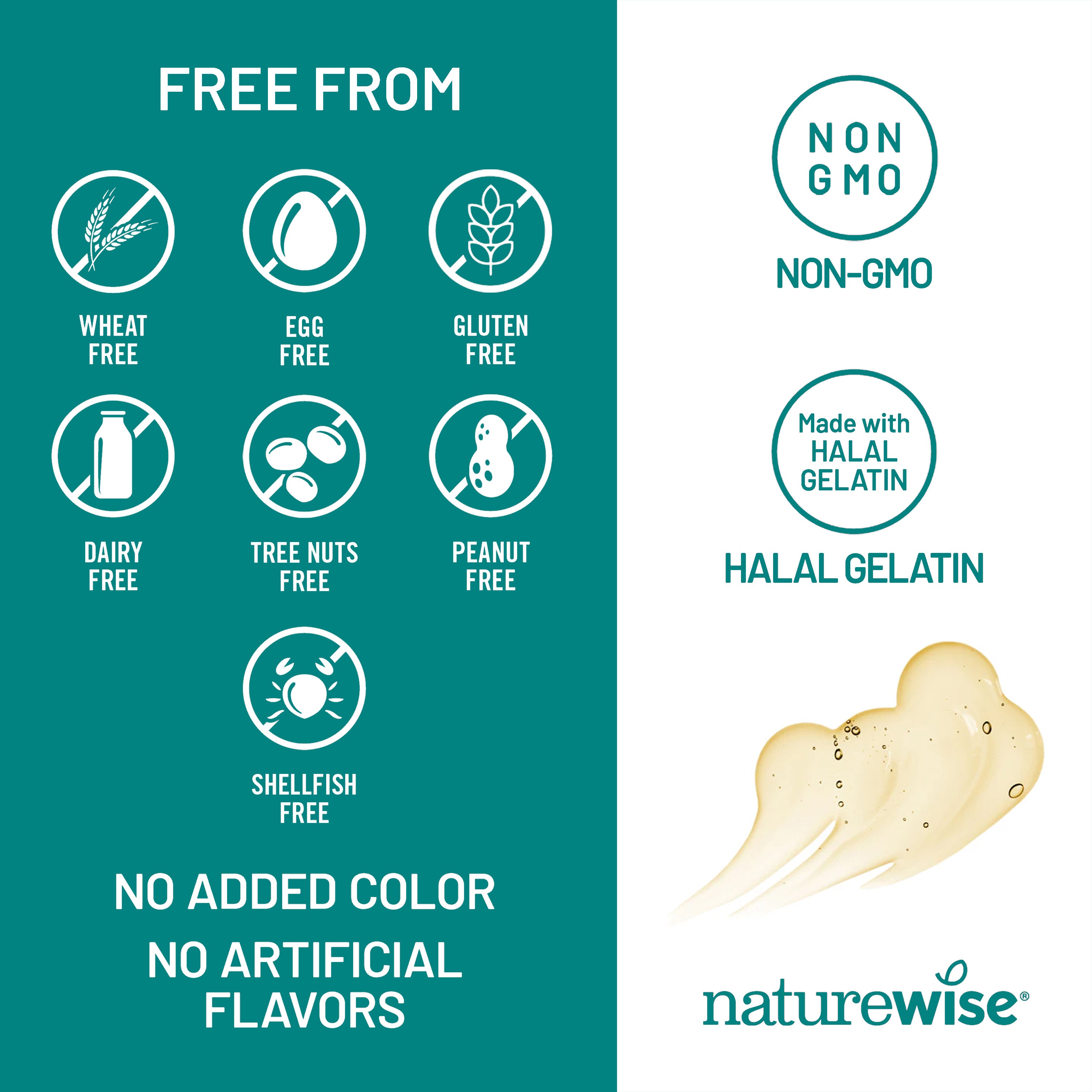 Product label with allergen-free and halal gelatin information, featuring the NatureWise brand.